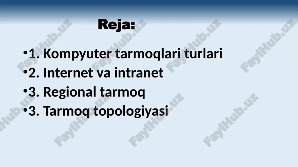 oq — dunyoning ixtiyoriy davlatidagi kompyuterlarni o'zida birlashtirish imkoniga ega bo'lgan tarmoq. bu tarmoq internet (internet) deb ham yuritiladi. intranet — bu internet texnologiyasi, dastur ta'minoti va bayonnomalari (protokollari) asosida tashkil etilgan, ma'lumotlar ombori va elektron jadvallar bilan jamoa bo'lib ishlash imkonini beruvchi korxona yoki tashkilot mikyosidagi yangi axborot muxitini tashkil etuvchi kompyuter tarmog’idir. 6 mintaqaviy kompyuter tarmoqlari bir-biridan ancha uzoqda joylashgan biror mintaqaga tegishli abonentlarni birlashtiradi. masalan, biror shahar ichidagi yoki iqtisodiy regionda yoki alohida bir mamlakatda joylashgan abonentlarni birlashtiruvchi tarmoq. lokal (mahalliy) tarmoq kichik bir hududda joylashgan abonentlarni birlashtiradi, ya’ni lokal tarmoqlar bir binoda yoki bir – biriga yaqin binolarda joylashgan kompyuterlarda o’zaro axborot almashish imkonini beruvchi tarmoq hisoblanadi. bunday tarmoq odatda aniq bir joyga bog’langan bo’ladi. masalan, biror korxona yoki tashkilotga. 7 mahalliy tarmoqning uzunligini 2-3 km bilan cheklash mumkin. bunday tarmoqlarda axborot almashinish aloqa kabellari (ba’zan, telefon tizimi yoki radiokanal) orqali amalgam oshiriladi. bunda foydalanuvchilar tarmoqqa …