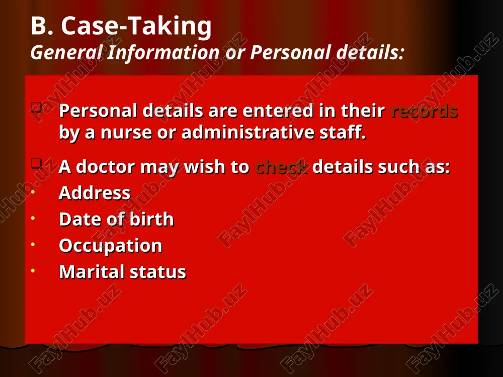 tion for it? which tablets did you take? did the (tablets) help? do you use any over-the-counter remedies or herbal or homeopathic medicines? family history medical background of a person's family members. the doctor is concerned about the patient’s family history of the disease. such as: age health cause of death of parents, siblings (brothers and sisters), spouse (husband or wife), and children typical questions: exercises 1- study the case notes. write the questions the doctor may ask to obtain the numbered information. exercises 2- write the doctor’s questions. exercises 3- complete the sentences. exercises 4- study the social history of mr black. write the questions the doctor may ask to obtain the numbered information. exercises 5- read the extract from a consultation. in the numbered questions (1-4), is the doctor encouraging the patient to talk about her ideas (i), her concerns (c) or her expectations (e)?. 1. i 3. …