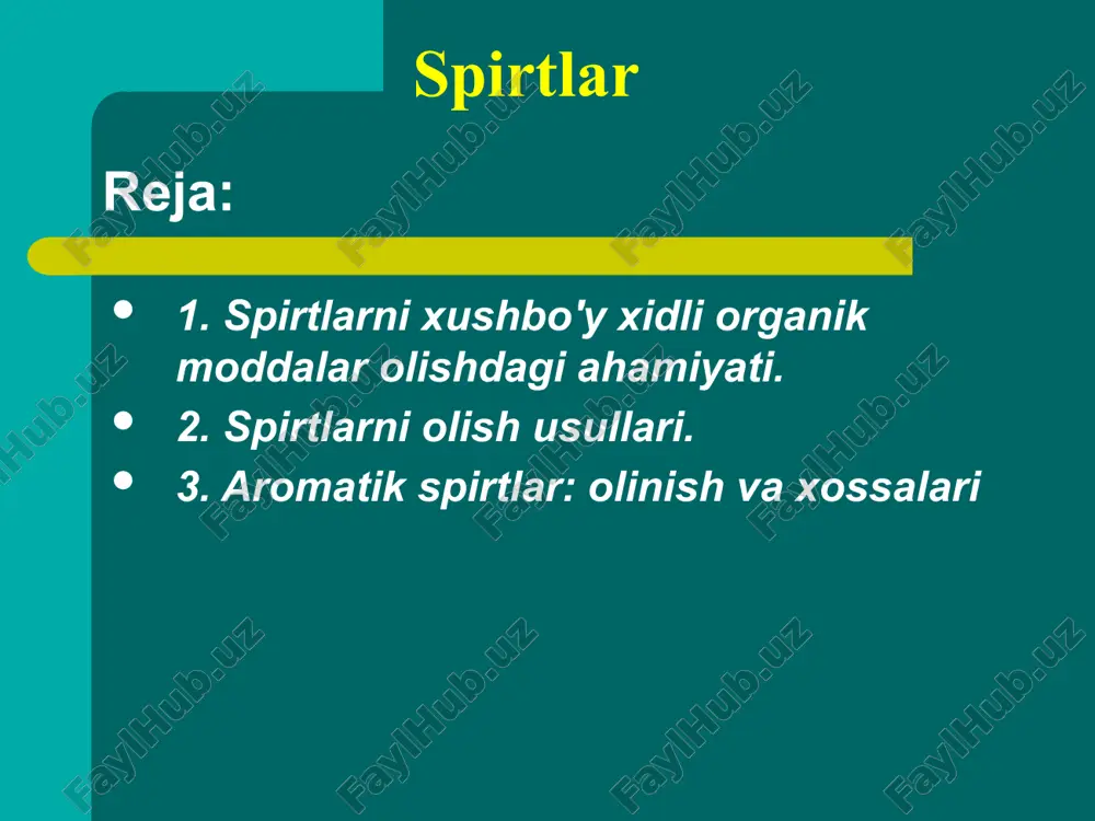 hilik hollarda tarkibida shakar, kraxmal bo’lgan moddalarni bijg’itish usuli bilan olinadi: c6h12o6 → 2c2h5oh + 2co2 4. sun’iy usulda etilenni gidratlash usuli bilan olinadi. reaksiya 260-300 0c va ~10 mpa da maxsus katalizator ishtirokida boradi: c2h4 + h2o → c2h5oh olinish usullari 5. atsetilenni gidratlab (kucherov reaksiyasi) sirka aldegidi olinadi va uni qaytarib etanol olish mumkin: hc ≡ ch + h2o → ch3 – cho + h2 → ch3 – ch2 – oh 6. galogenalkillar suv yoki ishqorlarning suvli eritmalari bilan qizdirilganda spirtlar hosil bo’ladi: c2h5cl + h2o → c2h5oh + hcl c2h5cl + naoh → c2h5oh + nacl olinish usullari tarmoqlanmagan zanjirli birlamchi spirtlarning ch3oh dan c11h23oh gacha bo’lganlari odatdagi sharoitda suyuq, c12h25oh dan boshlab qattiq moddalardir. quyi spirtlar suv bilan istalgan nisbatlarda aralashadi. molekulyar massa ortishi bilan ularning eruvchanligi kamayib boradi. spirtlarning agregat holati tegishli to’yingan uglevodorodlarga nisbatan suyuq yoki qattiq bo’lishiga sabab ularning molekulalari orasida vodorod bog’lari …