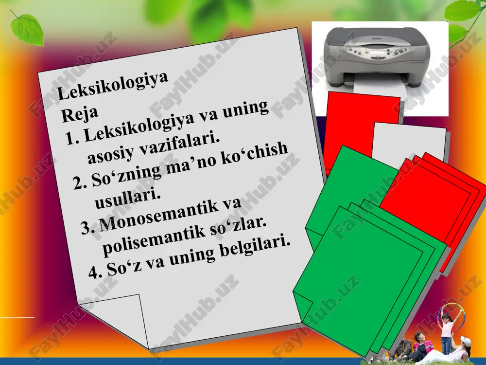 yonida yuz beradigan o‘zgarishlar avvalo uning leksikasida o‘z aksini topadi. chunki til jamiyat taraqqiyoti davomida yangi-yangi so‘zlar hisobiga boyib boradi, ayni paytda ba’zi so‘zlar eskiradi va iste’moldan chiqadi; 3) tilning lug‘at tarkbidagi so‘zlar iste’mol darajasiga ko‘ra chegaralangan yoki chegaralanmaganligi bilan ham farqlanadi. 6 xususan, ba’zi so‘zlar umumxalq iste’molida bo‘lsa (ota, ona, yurmoq, men, sen), ayrim so‘zlaning iste’mol darajasi chegaralangan bo‘ladi. masalan, shevaga oid so‘zlarning hududiy chegaralanishi, shular jumlasidandir; 4) so‘zlar nutq uslubiga bo‘lgan munosabatiga ko‘ra ham farqlanadi. jumladan, ba’zi so‘zlar uslubiy betaraf bo‘lsa, ba’zilari esa nutq uslubining ma’lum turiga mansubligi bilan farqlanadi; 5) har bir so‘z tovush qiyofasi va ma’noga, ya’ni shakl va mazmunga ega. shunga ko‘ra, so‘zlar omonim, paronim, sinonim, antonim munosabatlarni yuzaga keltiradi.tilning eng muhim birliklaridan bo‘lgan so‘zlarga xos bu umumiyliklar leksikologiyaning asosiy tekshirish ob’yektidir. obrazets teksta vtoroy uroven tretiy uroven chetvertiy uroven pyatiy uroven 7 so‘z va uning belgilari. so‘z tilning muhim unsurlaridan biri bo‘lib, ma’lum ma’no …
