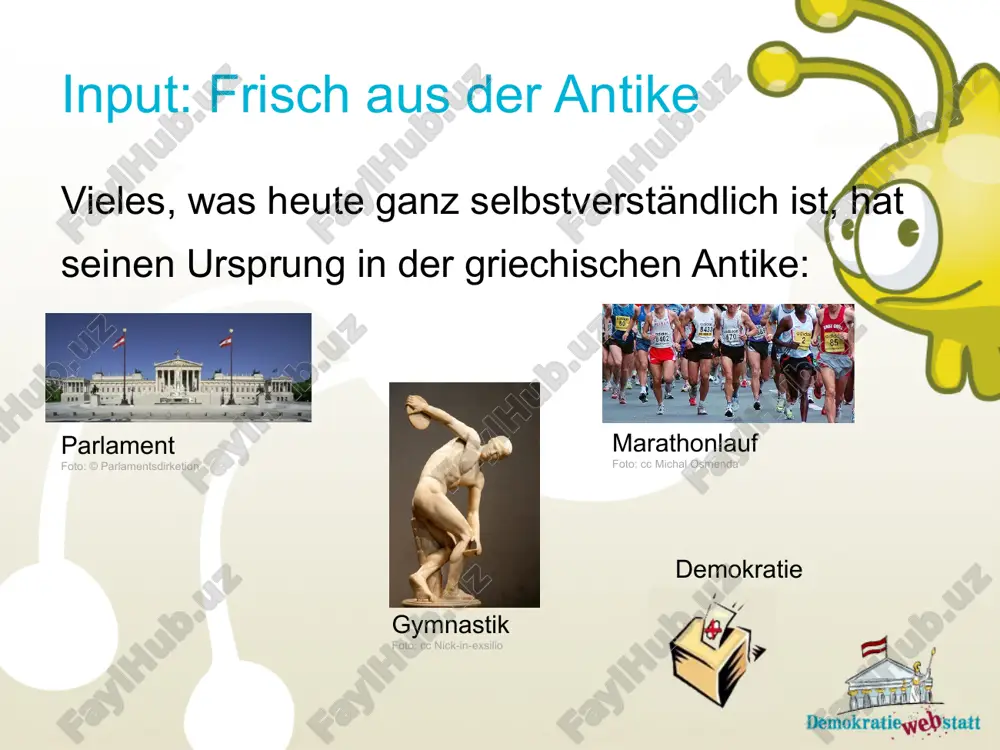 ieg, sondern die teilnahme, wie auch das wichtigste im leben nicht der sieg, sondern das streben nach einem ziel ist. das wichtigste ist nicht erobert zu haben, sondern gut gekämpft zu haben.“ (coubertin, begründer der olympischen spiele) das kommt in dem motto „dabei sein ist alles!“ zum ausdruck. was ist olympisch! was ist olympisch? bei den 1. olympischen spielen in der antike gab es nur den stadionlauf. erst später kamen immer mehr wettkämpfe dazu, z.b.: wagenrennen, laufen, diskuswerfen und ringen frauensportarten werden bei den olympischen spielen aufgenommen, wenn sie in 40 ländern auf 3 kontinenten vertreten sind. männersportarten werden bei den olympischen spielen aufgenommen, wenn sie in 75 ländern auf 4 kontinenten vertreten sind. input: was ist olympisch? manchmal waren auch nicht sportliche disziplinen vertreten: 1912 – 1948 gab es einen bewerb für malerei 1912 – 1932 wurden medaillen für dichtkunst vergeben. malerei; foto: cc rickydavid unglaublich! in den vielen …