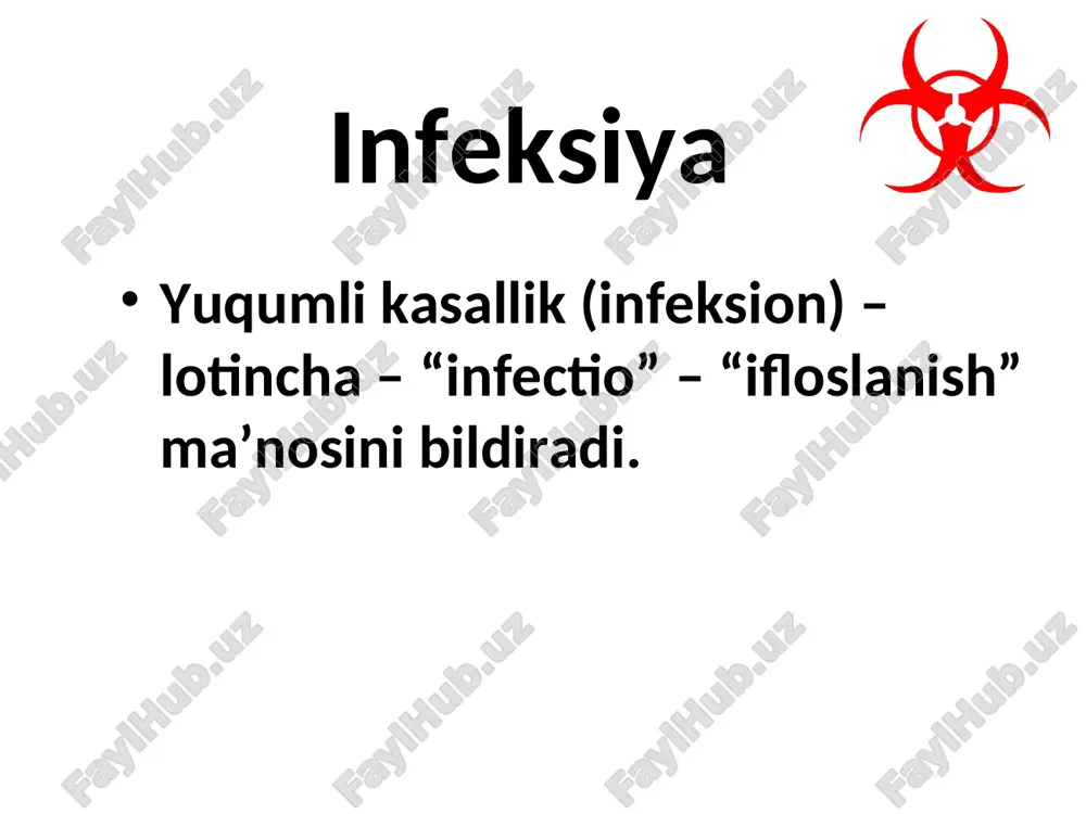 munitet paydo bo’ladi. yuqumli kasalliklarning kechishi engil o’rta og’ir og’ir juda og’ir har qanday mikrob tarkibida zaharli modda – toksin bo’ladi. toksin mikrobning hayot faoliyati oqibatida hosil bo’lib, atrof muhitga tarqalsa – ekzotoksin deyiladi. grammusbat mikroblar ekzotoksin hosil qiladi (difteriya tayoqchasi, botulizm) ekzotoksin oqsil moddasini saqlaydi mikrob tanasi parchalanishi oqibatida atrof muhitga tarqaladigan bo’lsa – endotoksin deyiladi. grammanfiy mikroblar endotoksin ajratadi (vabo vibrioni, ich terlama mikrobi). tananing mikrob kirib, tarqaladigan joyi – infeksiyaning kirish darvozasi (ikd) deyiladi. masalan: gripp, qizamiq, suvchechak, ko’kyo’tallarda ikd – yuqori nafas yo’llari. ichak infeksiyalari uchun ikd – og’iz orqali. yuqumli kasalliklarning tanaga tushgan mikrob qonga o’tishi bakteremiya deyiladi. yuqumli kasalliklarning tasnifi yuqumli kasalliklarda mikrob qaerda joylashishiga qarab quyidagi guruhlarga bo’linadi: ichak infeksiyalari. nafas yo’llari infeksiyalari. qon orqali yuqadigan infeksiyalar. tashqi qoplam (teri) orqali yuqadigan infeksiyalar. turli yo’llar bilan yuqadigan infeksiyalar. antroponoz kasalliklar zoonoz kasalliklar antropozoonoz kasalliklar “boshqariladigan infeksiyalar” bu guruhga emlash yo’li bilan oldini olish …