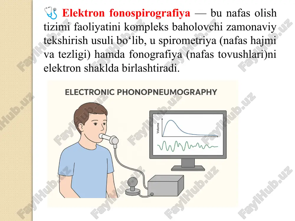 jmi, fvc -majburiy hayotiy sig‘im -maksimal tezlikda chiqarilgan havo hajmi, fev₁ -1 soniyadagi majburiy ekspiratsiya hajmi -1 sekund ichida chiqarilgan havo hajmi fev₁/fvc- tiffno indeksi -nafas yo‘llari o‘tkazuvchanligini baholaydi (%) pef- maksimal ekspirator oqim tezligi -eng tez nafas chiqarish paytidagi havo tezligi mvv- maksimal ventilyatsion hajm- o‘pkaning maksimal ish qobiliyati 🩺 kompyuter bronxofonografiya — bu nafas yo‘llaridagi tovush tebranishlarini (bronxial tovushlar) maxsus mikrofon va kompyuter yordamida yozib, bronxlar faoliyatini baholovchi instrumental tekshirish usulidir. ishlash prinsipi: 1. maxsus stetomikrofon bemorning ko‘krak qafasiga (o‘ng va chap o‘pka sohalariga) joylashtiriladi. 2. bemor odatdagi yoki chuqur nafas olib–chiqaradi. 3. nafas paytida hosil bo‘lgan bronxial tovushlar elektron signalga aylantiriladi. 4. kompyuter ushbu signallarni bronxofonogramma ko‘rinishida qayd etadi — ya’ni tovushning intensivligi, chastotasi va davomiyligi grafik tarzda tasvirlanadi. bronxofonogrammada aniqlanadi: nafasning inspiratsiya va ekspiratsiya fazalari tovush tebranishlarining amplitudasi va chastotasi xirillash, hushtak, g‘uvillash kabi patologik tovushlar o‘pka ventilyatsiyasining simmetriyasi va ritmi klinik ahamiyati: kasallik bronxofonografiyada kuzatiladigan …
