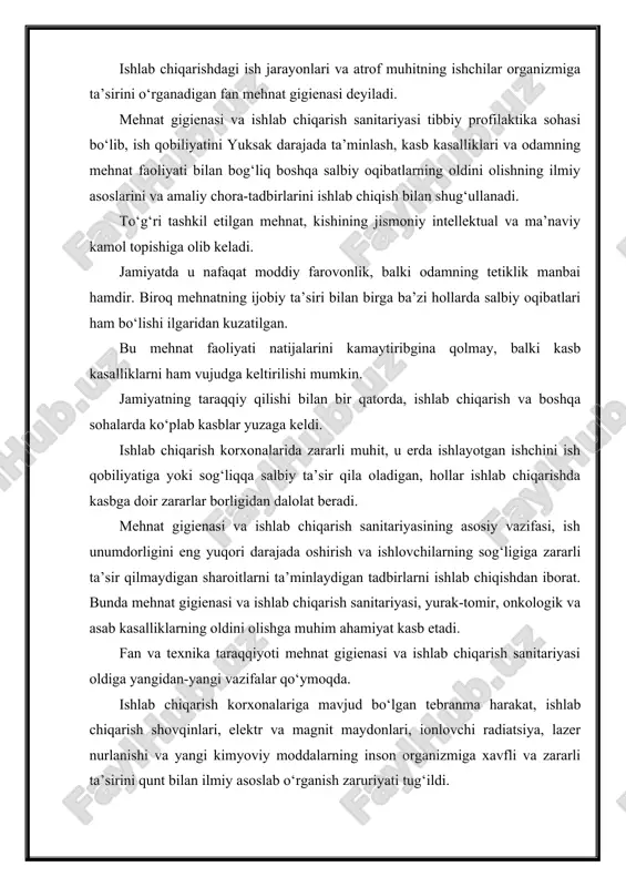 orxonalariga mavjud bo‘lgan tebranma harakat, ishlab chiqarish shovqinlari, elektr va magnit maydonlari, ionlovchi radiatsiya, lazer nurlanishi va yangi kimyoviy moddalarning inson organizmiga xavfli va zararli ta’sirini qunt bilan ilmiy asoslab o‘rganish zaruriyati tug‘ildi. yangi texnologiyalarni ishlab chiqarishga joriy qilishdan oldin, ularni inson sog‘ligiga xavfli va zararli belgilarini chuqur o‘rganib, uni aniqlash o‘ta muhim ahamiyatga ega hisoblanadi. birorta ham yangi birikma, sog‘liqni saqlash vazirligining ruxsatsiz xalq xo‘jaligiga qo‘llanishga tavsiya etilmaydi. iqlim ko‘rsatkichlari va uning inson salomatligiga ta’siri. ishlab chiqarish muhitida iqlim sharoitini ifodalovchi ko‘rsatkichlar, havoning harorati, nisbiy namligi, havo bosimi va havoning harakat tezligidan iborat bo‘lib, hammasi birgalikda kishining ish qobiliyatiga, mehnat unumdorligiga va inson organizmidagi biologik o‘zgarishlarga katta ta’sir ko‘rsatadi inson tanasidagi doimiy mo‘‘tadil harorat, modda almashuv jarayoni tufayli markaziy nerv a’zosining faoliyati orqali boshqarib turiladi. inson uchun orombaxsh, mo‘‘tadil iqlim sharoiti deganda, yuqorida aytilgan havo o‘lchamlarining o‘zaro mutanosibligi tushuniladi. bu mutanosiblik odam tanasida harorat odam tanasida harorat almashuvi reaksiyasini …