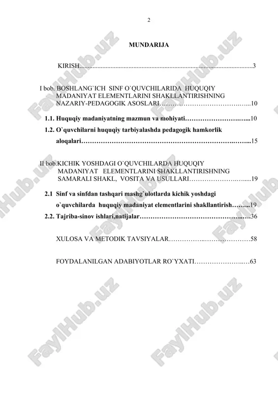 ning asosiy yo`nalishlaridan biri sifatida tan olish zarurligi haqidagi g`oyasi uning 1997–yil 25–iyunda e`lon qilingan “huquqiy tarbiyani yaxshilash, aholining huquqiy madaniyati darajasini yuksaltirish, huquqshunos kadrlarni tayyorlash tizimini takomillashtirish, jamoatchilik fikrini o`rganish ishini yaxshilash haqida”gi farmonda amalga oshirilgan.(5,8) shuningdek, o`zbekiston respublikasi prezidenti i.karimovning 2001 – yil 4–yanvardagi “o`zbekiston respublikasi konstitutsiyasini o`rganishni tashkil etish to`g`risida”gi farmoyishi hamda o`zbekiston respublikasi oliy majlisining ix sessiyasida qabul qilingan ( 1997- yil 29-avgust ) “jamiyatda huquqiy madaniyatni yuksaltirish dasturi” o`sib kelayotgan yosh avlodda huquqiy madaniyat elementlarini shakllantirishdek ulug`vor maqsadni amalga oshirishda muhim nazariy va amaliy manba bo`lib xizmat qilmoqda. uzluksiz ta`lim poydevori hisoblangan boshlang`ich ta`lim sifatini yanada oshirish, bevosita barkamol avlod shaxsini kamol toptirishda boshlang`ich sinf darslari, unda berilgan ma`lumotlar asosiy ro`lni o`ynaydi. shuning uchun ham voyaga yetmaganlarning ta`lim-tarbiyasi, ularning ongu- tafakkurini huquqiy madaniyat tamoyillari asosida shakllantirish masalasi, ayniqsa, bugungi kunda tobora dolzarb ahamiyat kasb etmoqda. (3) voyaga yetmaganlar o`rtasida jinoyatchilikni kamaytirishda huquqiy tarbiyaning va huquqiy …