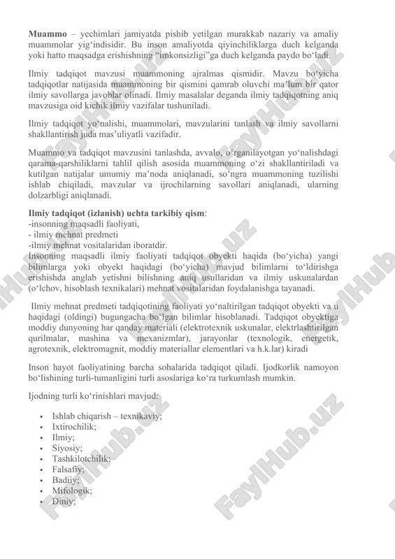 mat ko‘rsatish muddati. har bir tadqiqot ishini maʼlum bir yo‘nalishga kiritish mumkin. ilmiy yo‘nalish deganda o‘z sohasida tadqiqot olib borilayotgan fan yoki fanlar majmuasi tushuniladi (masalan, texnik, ijtimoiy va boshqalar). ilmiy yo‘nalishning tarkibiy bo‘linmalari murakkab muammolar, mavzular va ilmiy masalalardir. muammo – yechimlari jamiyatda pishib yetilgan murakkab nazariy va amaliy muammolar yig‘indisidir. bu inson amaliyotda qiyinchiliklarga duch kelganda yoki hatto maqsadga erishishning “imkonsizligi”ga duch kelganda paydo bo‘ladi. ilmiy tadqiqot mavzusi muammoning ajralmas qismidir. mavzu bo‘yicha tadqiqotlar natijasida muammoning bir qismini qamrab oluvchi maʼlum bir qator ilmiy savollarga javoblar olinadi. ilmiy masalalar deganda ilmiy tadqiqotning aniq mavzusiga oid kichik ilmiy vazifalar tushuniladi. ilmiy tadqiqot yo‘nalishi, muammolari, mavzularini tanlash va ilmiy savollarni shakllantirish juda masʼuliyatli vazifadir. muammo va tadqiqot mavzusini tanlashda, avvalo, o‘rganilayotgan yo‘nalishdagi qarama-qarshiliklarni tahlil qilish asosida muammoning o‘zi shakllantiriladi va kutilgan natijalar umumiy maʼnoda aniqlanadi, so‘ngra muammoning tuzilishi ishlab chiqiladi, mavzular va ijrochilarning savollari aniqlanadi, ularning dolzarbligi aniqlanadi. ilmiy tadqiqot …