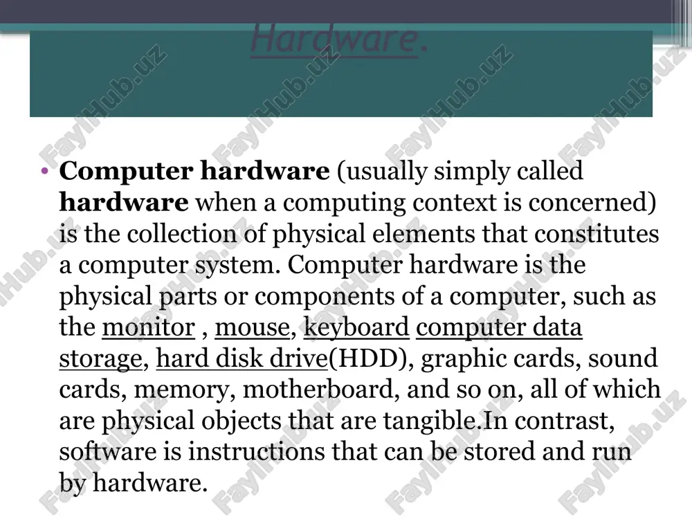 a number of different types of computer system in use today. personal computer. basic hardware components of a modern personal computer, including a monitor, a motherboard, a cpu, a ram, two expansion cards, a power supply, an optical disc drive, a hard disk drive, a keyboard and a mouse. mainboard the motherboard is the main component of a computer. it is a large rectangular board with integrated circuitry that connects the other parts of the computer including the cpu, the ram, the disk drives(cd, dvd, hard disk, or any others) as well as any peripherals connected via the ports or the expansion slots. components directly attached to or part of the motherboard include: the cpu (central processing unit) performs most of the calculations which enable a computer to function, and is sometimes referred to as the "brain" of the computer. it is usually cooled by a heat sink and fan. …