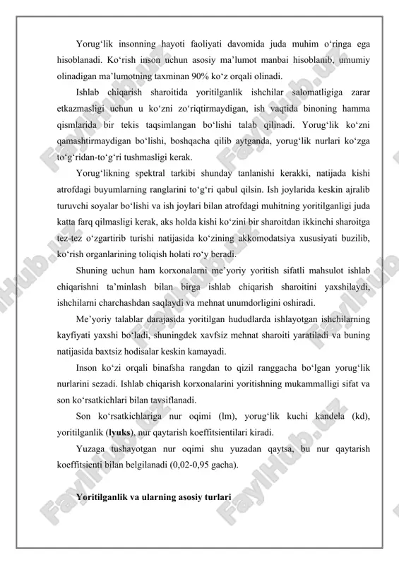 ntilari kiradi. yuzaga tushayotgan nur oqimi shu yuzadan qaytsa, bu nur qaytarish koeffitsienti bilan belgilanadi (0,02-0,95 gacha). yoritilganlik va ularning asosiy turlari amaliyotda ish joylarini yoritishda uch xil turdagi yoritilganlikdan foydalaniladi, ya’ni ular tabiiy, sun’iy va aralashgan holda bo‘ladi. a) tabiiy yoritilganlik quyoshdan hamda yeru-samodan qaytayotgan quyosh nuridan hosil bo‘lgan yorug‘lik mahsulidir. · tabiiy yorug‘lik issiqlik va yorug‘lik doimiylariga ega bo‘lib, ular quyoshdan kelayotgan issiqlik uchun 1317 vt/m2 ga, yorug‘lik uchun esa 137000 lk.ga tengdir. · tabiiy yorug‘likning afzalliklari shundaki, uning tarkibida o‘ta foydali ultrabinafsha va infraqizil nurlari mavjud bo‘lib, bu nurlar muhitni sog‘lomlashtirishga xizmat qiladi, ya’ni mikroblarni o‘ldirish xususiyatiga ega. · tabiiy yorug‘likdan uch xil moslamalar yordamida, ya’ni tomdan fonar orqali, devordan deraza orqali va aralash holdagi tizimlardan foydalaniladi. tabiiy yoritilgan tizimlariga qo‘yiladigan talablar quyidagilardan iborat: · yorug‘lik miqdorini binolarning vazifasiga qarab tanlanishi, yo‘naltirilgan yoki tarqoq hollarda bo‘lishligini ta’minlanishi; · izolyasiya va yorug‘lik me’yorlaridan kam bo‘lmasligini ta’minlanishi. b) sun’iy …