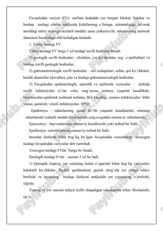 xo`jaligi ishlab chiqarishida odamlarning sog`lig`i uchun xavf soluvchi kontsentratsiyalarda qo`llaniladigan pestitsidlar va boshqa zaharli ximikatlar mavjudligi. 2) atmosfera (havo muhiti) tarkibi va xossalari o`zgarishi bilan bog`l`iq bo`lgan vaziyatlar havo muhitining quyidagi ingridiyentlar bilan ekstrimal yuqori ifloslanishi: -oltingugurtli oksid, azotli oksid, uglerodli oksid, dioksid, qurum, chang va odamlar sog`lig`iga xavf soluvchi kontsentratsiyalarda antropogen tusdagi boshqa zararli moddalar; - keng ko`lamda kislotali hududlar hosil bo`lishi va ko`p miqdorda kislota chiqindilari yog`ilishi; - radiatsiyaning yuqori darajasi. 3). gidrosfera holatining o`zgarishi bilan bog`liq vaziyatlar: - yer yuzasi va yer osti suvlarining sanoat va qishloq xo`jaligi ishlab chiqarishi oqavalari; - neft mahsulotlari, odamlarning zaharlanishiga olib kelgan yoki olib kelishi mumkin bo`lgan, tarkibida og`ir metallar, har xil ximikatlar mavjud bo`lgan chiqindilar va boshqa zararli moddalar bilan ekstrimal yuqori darajada ifloslanishi; - binolar, muhandislik kommunikatsiyalari va uy-joylarning yemirilishiga olib kelishi mumkin bo`lgan yoki olib kelgan sizot suvlar miqdorining ortishi; - suv manbalari va suv olish joylarining zararli …
