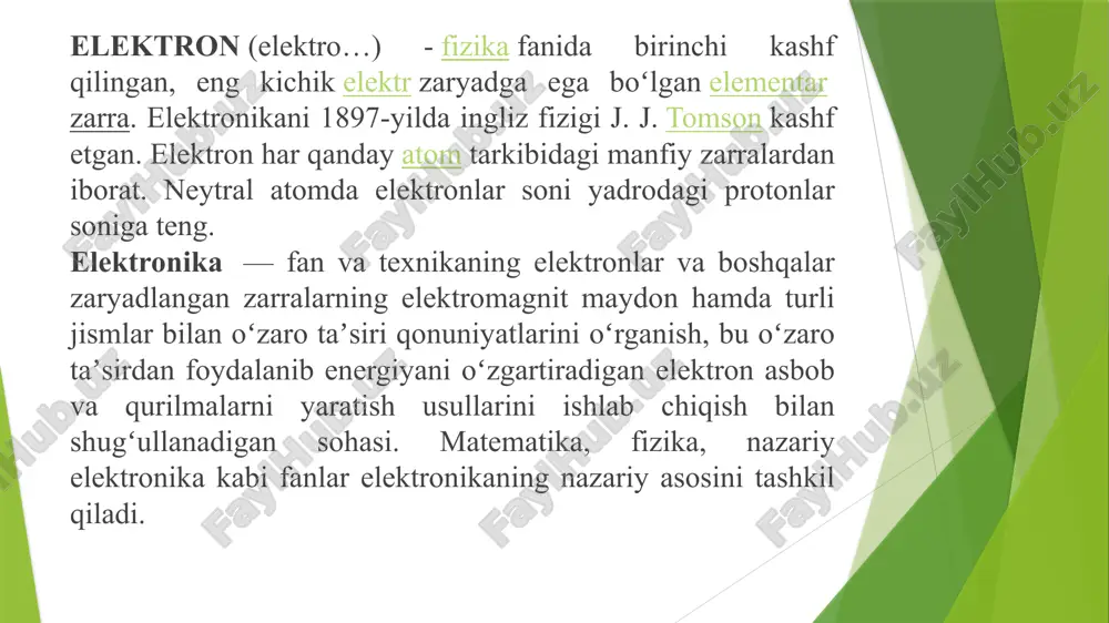 ktron lampaning barcha funksiyalarini bajarishga qodir. integral mikrosxemalar xuddi shunday element baza talablariga javob berdi. tortinchi bosqich – integral mikrosxemalar (ims) asosida qurilma va tizimlar yaratish bilan boshlandi va mikroelektronika davri deb ataladi. mikroelektronikaning birinchi mahsuloti – integral mikrosxemalar 60 – yillar so’ngida paydo bo’ldi. hozirgi kunda ims lar uch xil konstruktiv – texnologik usullarida yaratiladi: qalin pardali va yupda pardali gibrid integral mikrosxemalar (gis) va yarimo’tkazgichli integtal mikrosxemalar. elektronikada axborotni diskret va uzluksiz elektromagnit signallar koʻrinishida olish va ularni oʻzgartirish, almashtirish masalasi ham oʻrganiladi. elektronlarning juda kichik inersion xossaga ega ekanligi ularning elektron asboblar ish hajmidagi makromaydonlar bilan ham, atom, molekula yoki kristall panjara ichidagi mikromaydonlar bilan ham oʻzaro taʼsiridan chastotasi 1012 gs gacha boʻlgan elektromagnit terbanishlarni, shuningdek, chastotasi 1012 – 1020 gs boʻlgan infraqizil, optik, ultrabinafsha va rentgen nurlanishlarni samarali generatsiyalash, oʻzgartirish va qabul qilish imkonini beradi. elektron jarayonlar va hodisalarni, shuningdek, elektron asbob va qurilmalar yaratish usullarini …