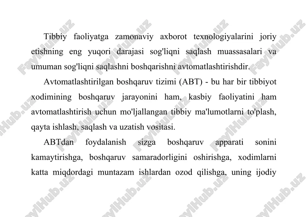 salan, kasalxonada abt orqali har bir bemor haqida ma'lumot to'planadi, har bir shifokor, davolash va yordamchi bo'lim va umuman muassasaning ish ko'rsatkichlari hisoblab chiqiladi va tahlil qilinadi); 2. nazorat ta'sirini ishlab chiqish (masalan, dori-darmonlarga bo'lgan ehtiyoj va ularning dorixonada mavjudligi to'g'risida ma'lumotga ega bo'lgan abt, dori-darmonlarni sotib olish zarurligi to'g'risida avtomatik ravishda qaror qabul qilishi mumkin); 3. nazorat ta'sirini ularning o'tkazilishini amalga oshirish va nazorat qilishga o'tkazish (masalan, abt buxgalteriya bo'limiga dori-darmonlarni sotib olish uchun ariza topshiradi); 4. nazorat harakatlarining bajarilishini amalga oshirish va nazorat qilish (abt dorixona va tibbiyot bo'limiga yangi dori-darmonlarni qabul qilishni nazorat qiladi); 5. boshqa tegishli avtomatlashtirilgan tizimlar bilan ma'lumot almashish (masalan, abt muassasasining ish ko'rsatkichlarini sog'liqni saqlash vazirligi va tibbiy statistika markaziga yuboradi). abtga bir qator umumiy talablar qo'yiladi: 1. abt elementlarining bir-biri bilan, shuningdek, ko'rib chiqilayotgan abt bilan o'zaro ta'sir qiladigan tashqi abt bilan muvofiqligi ta'minlanishi kerak-abtning barcha tarkibiy qismlari "bir xil tilda muloqot …