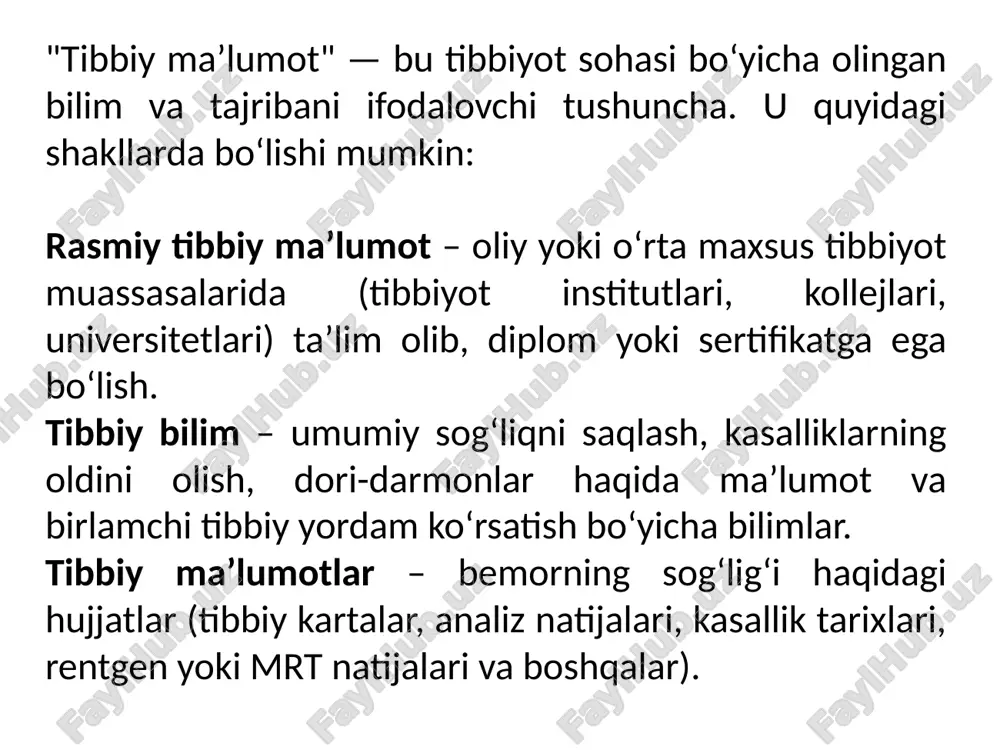 da himoyalanishi kerak. shuning uchun, qurilmalar: shifrlash (encryption) orqali ma’lumotlarni himoyalaydi. autentifikatsiya tizimlari orqali faqat ruxsat etilgan shaxslarning ma’lumotlarga kirishini ta’minlaydi. tibbiy qurilmalarda ma’lumotlarni hisoblash uchun turli matematik va statistik amallar qo‘llaniladi. ushbu amallar ma’lumotlarni qayta ishlash, tahlil qilish va natijalarni vizualizatsiya qilish uchun muhimdir. quyida asosiy hisoblash amallari keltirilgan: o‘rtacha qiymat (mean, average) tibbiy qurilmalar o‘lchovlarni qayd etgandan so‘ng, ko‘pincha o‘rtacha qiymat olinadi. formula: qo‘llanilishi: yurak urish tezligi (bpm) bo‘yicha o‘rtacha ko‘rsatkichni hisoblash. qand miqdori (glukoza) bo‘yicha o‘rtacha natijalarni topish. median va mod median: tartiblangan ma’lumot to‘plamining o‘rtasidagi qiymat. mod (mode): eng ko‘p uchraydigan qiymat. qo‘llanilishi: qon bosimi o‘lchovlarining o‘rtacha tendensiyasini aniqlash. bemorlardagi o‘rtacha tana haroratini tahlil qilish. dispersiya va standart og‘ish dispersiya (σ²) ma’lumotlar qanday tarqalganligini ko‘rsatadi: ​ standart og‘ish (σ) o‘zgaruvchanlikni baholash uchun ishlatiladi: qo‘llanilishi: yurak urishidagi o‘zgarishlarni baholash. qand miqdorining barqarorligini tekshirish. trend va regressiya tahlili tibbiy qurilmalardagi vaqt bo‘yicha o‘zgarishlarni kuzatish uchun trend tahlili va …