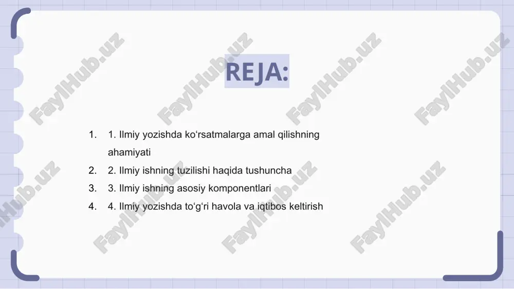 hbu komponentlar yaxshi tuzilgan ilmiy maqola uchun zarurdir. 4. ilmiy yozishda to‘g‘ri havola va iqtibos keltirish ilmiy yozuvda to'g'ri havolalar va iqtiboslar asl mualliflar va manbalarga e'tibor berish uchun juda muhimdir. shuningdek, u o'quvchilarga ma'lumot manbalarini topishga yordam beradi va qog'ozning ishonchliligini ta'minlaydi. apa, mla yoki chikago kabi turli xil iqtibos uslublari odatda ilmiy maqolalarda manbalarga to'g'ri murojaat qilish uchun ishlatiladi. 5. ilmiy ishlarda aniqlik va aniqlikning roli ilmiy maqolalarda ma'lumotni samarali etkazish va o'quvchilar tomonidan noto'g'ri talqin qilinishiga yo'l qo'ymaslik uchun aniqlik va aniqlik muhim ahamiyatga ega. aniq va aniq til murakkab g'oyalarni to'g'ridan-to'g'ri etkazishga yordam beradi va tadqiqotni kengroq auditoriya uchun qulayroq qiladi. aniqlik va aniqlikka ega bo'lmagan ilmiy maqolalar o'quvchilarni chalkashtirib yuborishi va tadqiqot natijalarining ishonchliligini buzishi mumkin. 6. ilmiy yozishda plagiatdan saqlanish akademik yaxlitlikni saqlash uchun ilmiy maqolalarda plagiatdan qochish juda muhimdir. manbalarni to'g'ri keltiring va kerak bo'lganda tirnoq belgilaridan foydalaning. boshqa manbalardan olingan ma'lumotlarni tarjima …