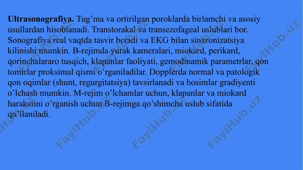 mirlar ko’ks oraligi soyasini tashkil qiladilar va ularning anatomiyasini bilish ko’krak qafasi rentgenogrammasini taxlil kilish uchun muhim. kompyuter tomografiya. miokard va qon rentgenologik zichligi yaqin (+30+50n) bo’lgani uchun ular bir biridan tasvirda yaxshi ajramaydi => oddiy kt tomografiyani yurakning ichki o’zgarishlari uchun ahamiyati kam. lekin kt ko’ks oraligi uchun eng yaxshi usullardan biri hisoblanadi. yurak asosan «tez», real vaqtga tasvir bera oladigan kt larda (elektron nurli va kup kesmali spiral) tekshiriladi. bu tekshiruvlarlarda qo’shimcha konstrast yuborilib kt-kardioangiografiya o’tkaziladi. kt ahamiyati: kalsinatlar, ayniqsa koronar arteriyalardagi. bu arteriyalardagi kalsiy miqdori raqamda sanaladi (calcium score). bu kalsiy miqdori yurak ishemik kasalligini darajasini ko’rsatadi va prognoz uchun ahamiyatli. konstrast yuborib koronar arteriyalar holatini kurish mumkin (ateroskleroz) – kt-koronarografiya. konstrast yuborib miokard va kamera bo’shliqlarni ajratib tasvirlash mumkin va ularning anatomik o’zgarishlarni ko’rsatish mumkin, ayniqsa yurak ichki tromb va usmalar uchun. perikard kasalliklari - perikarditlar (ekssudativ, qonstriktiv), usmalar va tug’ma anomaliyalar – kupincha kt boshka …