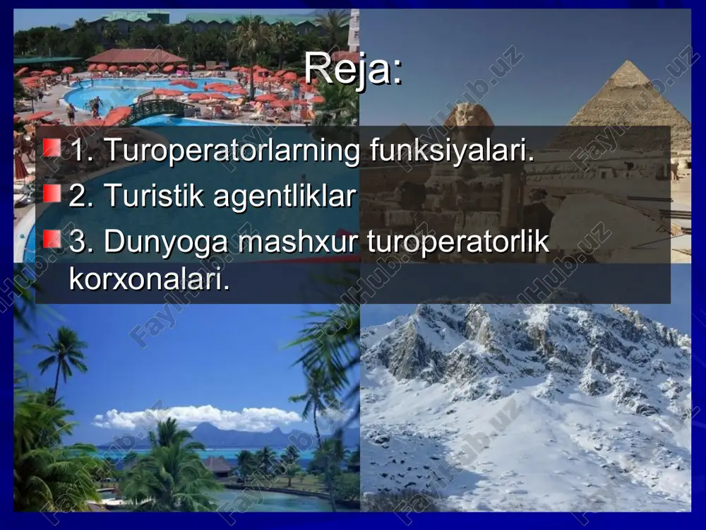 dan o’tkazishgina emas, balki bunday faoliyatni amalga oshirish uchun maxsus litsenziya xam olish zarur. turistik agentliklar (turagent) - bu iste’molchi (turist)ga yoki mijozlarga ayrim turistik xizmatlar va turlarni chakana sotish funksiyasini amalga oshiruvchi yuridik shaxsdir. turoperator yoki turagentlik bilan uni moliya soxasiga va hattoki mas’uliyatni ma’lum darajada qayta taqsimlashga doir ko’zda tutilishi mumkin bo’lgan juda xilma - xil o’zaro ta’sir va xisob - kitob qilishlar bo’yicha agentlashtirish shartnomasi bog’lab turadi. sotuvchi sifatida agentlashtirish shartnomasi bo’yicha uning funksiyasi agar faqat aynan shu vositachilik funksiyasidan iborat bo’lsa, turagent, turistik maxsulot uchun cheklangan mas’uliyatga ega bo’ladi. turistik agent turistik maxsulotni sotish jarayonida ishtirok etuvchilar zanjirining muhim xalqasi bo’lib, o’zining tabiiy xususiyati va iste’molchining xarakteridan kelib chiqqan xolda, potentsial iste’molchining o’zigacha, iloji boricha uning uyiga yoki xizmat joyigacha yetib borgan bo’lishi kerak. aynan shuning uchun xam turistik agentliklar juda ko’p va umumiy hollarda ular xodimlarining soni bo’yicha ko’pchilikni tashkil qilmaydilar, lekin hamisha vitrinalik birinchi …