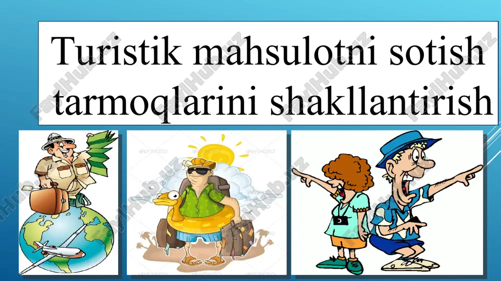 liy faoliyatlarida turmahsulotni sotishning turli yo‘llaridan foydalaniladi: xususiy sotishlar byurosini tashkil etish (savdo nuqtalari); vositachi turagentlik tarmoqlarini tashkil etish; yirik tashkilot va korxonalar bilan aloqa o‘rnatish; maxsuslashtirilgan magazinlardan foydalanish; pochta orqali turlarni sotish. turoperatorlar sotish byurolarining asosiy ishlab chiqarish vazifalari: axborot-ma’lumot stendlari, og‘zaki xabarlar, yozma ma’lumotlar yordamida tashrif buyuruvchilarga ma’lumot yetkazish; xorijga turistik sayohatlar bilan bog‘liq boshqa istalgan malumotlarni berish; tashrif buyuruvchilardan turni bron qilish talabnomalarini firma tomonidan o‘rnatilgan shaklda qabul qilish; bron qilish uchun talabnoma bergan tashrif buyuruvchilardan xorijiy vizalarini rasmiylashtirish uchun pasportlarni qabul qilish, ularning amal qilish muddatlarini tekshirish; mijozlarni turni sotib olish va sotish shartlari, shuningdek, «xorijga turistik safarlar umumiy shartlari» bilan tanishtirish; belgilangan muddatlarda mijozdan turning avans yoki to‘liq qiymati to‘lovini qabul qilish; turistik safar mobaynida uning sug‘urtasi masalasini kelishib olish; mijozga xorij vizasi qo‘yilgan pasport va zarur turistik hujjatlarni berish, unga safar xususiyatlari haqidagi eslatma berilgan holda sayohat tafsilotlari haqida xabardor qilish; sotilgan turda bo‘lishi …