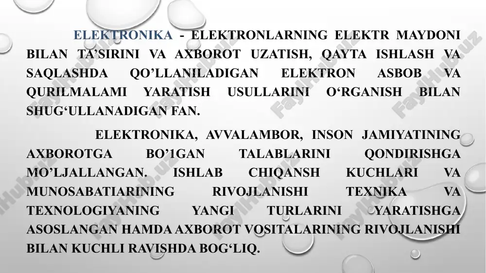 lik esa televideniye orqali tasvirlarni ham uzatishga o'tishga imkon yaratdi. ikkinchi bosqich elektronika apparaturalari elementlariga - elektron lampalar, rezistorlar, kondensatorlar, transformatorlar kiradi. uchinchi bosqich. 1948-yili dj.bardin, v.bratteyn va v.shoklilar tomonidan qattiq jismli (yarimo'tkazgichli) elektronikaning asosiy aktiv (kuchaytirgich) elementi bo’lgan - bipolyar tranzistorning kashf etilishi bilan boshlandi. tranzistor - elektron lampaning barcha funksiyalarini bajarishga qodir. tranzistor yaratilishi bilan, uning almashlab ulagich vazifasini bajara olish xossasi, kichik o’lchamlari va yuqori ishonchliliga ko‘ra bir necha ming elektr radioelementlardan (ere) tashkil topgan murakkab elektron qurilma va tizimlami yaratish imkoniyati tug‘ildi. bunday qurilmalarni loyihalash juda oson, lekin xatosiz yig'ish va ishlashini ta’minlash esa deyarli mumkin emas edi. gap shundaki, har bir ere alohida (diskret elementlar) yaratilgan bo‘lib, boshqa elementlar bilan individual bog‘lanishni (montajni) talab qilar edi. hatto juda aniq montajda ham uzilish, qisqa tutashuv kabi xatoliklar yuzaga kelar va tizimning darhol ishga tushishini ta’minlamas edi. masalan, 50-yillar so'ngida yaratilgan ehmlar o‘nlab rezistor va kondensatorlarni hisobga …