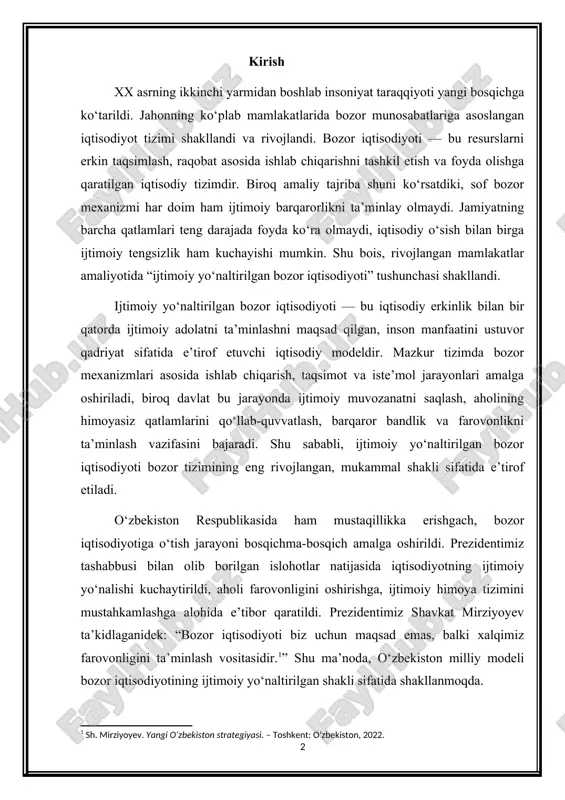 vonligini oshirishga, ijtimoiy himoya tizimini mustahkamlashga alohida e’tibor qaratildi. prezidentimiz shavkat mirziyoyev ta’kidlaganidek: “bozor iqtisodiyoti biz uchun maqsad emas, balki xalqimiz farovonligini ta’minlash vositasidir.[footnoteref:1]” shu ma’noda, o‘zbekiston milliy modeli bozor iqtisodiyotining ijtimoiy yo‘naltirilgan shakli sifatida shakllanmoqda. [1: sh. mirziyoyev. yangi o‘zbekiston strategiyasi. – toshkent: o‘zbekiston, 2022.] bugungi kunda mamlakatimizda olib borilayotgan iqtisodiy siyosatning markazida inson manfaatlari turadi. soliq, bandlik, pensiya, sog‘liqni saqlash va ta’lim tizimlarida amalga oshirilayotgan islohotlar ham ijtimoiy yo‘naltirilgan bozor iqtisodiyotining amaliy ifodasidir. davlat iqtisodiy o‘sish bilan bir qatorda, aholining turmush darajasi, daromadlar tengligi va ijtimoiy barqarorlikni ta’minlashga alohida e’tibor bermoqda. shu tariqa, ijtimoiy yo‘naltirilgan bozor iqtisodiyoti – bu nafaqat iqtisodiy samaradorlikni, balki jamiyatda ijtimoiy adolat, barqarorlik va taraqqiyotni ta’minlovchi tizimdir. ushbu mustaqil ishda mazkur tizimning mohiyati, tamoyillari, hamda o‘zbekiston sharoitida uning rivojlanish istiqbollari ilmiy-nazariy va amaliy jihatdan tahlil qilinadi. 1. ijtimoiy yo‘naltirilgan bozor iqtisodiyoti tushunchasi va mohiyati tovarlar va xizmatlarga talab uzluksiz bo`lgani tufayli ularni ishlab chiqarish …