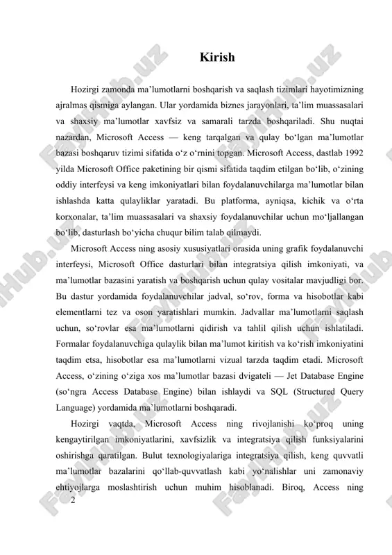 lgan imkoniyatlarini, xavfsizlik va integratsiya qilish funksiyalarini oshirishga qaratilgan. bulut texnologiyalariga integratsiya qilish, keng quvvatli ma’lumotlar bazalarini qo‘llab-quvvatlash kabi yo‘nalishlar uni zamonaviy ehtiyojlarga moslashtirish uchun muhim hisoblanadi. biroq, access ning cheklovlari ham mavjud bo‘lib, katta hajmdagi ma’lumotlar bilan ishlashda samaradorlikning pasayishi, ko‘p foydalanuvchili muhitlarda muammolar va xavfsizlik muammolari kuzatiladi. shuning bilan birga, uning oddiyligi, tezkorlik va microsoft ekotizimiga integratsiya qilish imkoniyati uni qiymatini yanada oshiradi. ushbu tadqiqotda, microsoft access ning asosiy tushunchalari va funksiyalarini o‘rganish, real hayotdagi misollar yordamida ma’lumotlar bazasini yaratish amaliyotlarini ko‘rib chiqish, va uning zamonaviy rivojlanishi hamda imkoniyatlarini tahlil qilish maqsad qilingan. bu soha, ayniqsa, ma’lumotlarni boshqarish texnologiyalarining rivojlanishi bilan birga, kichik va o‘rta bizneslar uchun muhim vosita bo‘lib qolmoqda. shuningdek, ushbu tadqiqot, access ning imkoniyatlarini kengaytirish va undan foydalanish samaradorligini oshirishga yordam berishi mumkin. shu bilan birga, uning xavfsizlik va skalabilik masalalari ham muhim o‘rganiladigan sohalardir. demak, microsoft access ning xarakteristikasi va rivojlanish istiqbollari haqida to‘liq …