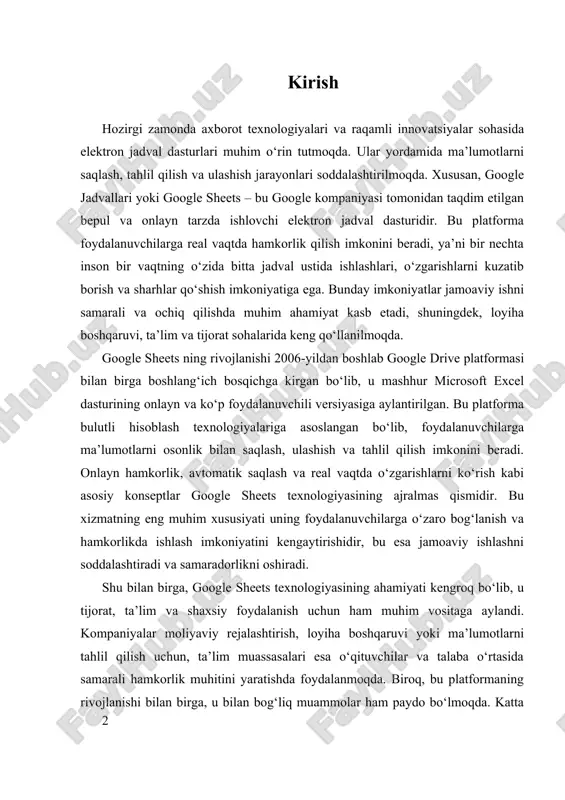 y rejalashtirish, loyiha boshqaruvi yoki ma’lumotlarni tahlil qilish uchun, ta’lim muassasalari esa o‘qituvchilar va talaba o‘rtasida samarali hamkorlik muhitini yaratishda foydalanmoqda. biroq, bu platformaning rivojlanishi bilan birga, u bilan bog‘liq muammolar ham paydo bo‘lmoqda. katta hajmdagi ma’lumotlarni ishlashda kechikishlar, xavfsizlik va maxfiylik muammolari kabi muammolar texnologiyaning rivojlanishini va takomillashtirilishini talab qilmoqda. ushbu tadqiqotning asosiy maqsadi google sheets platformasida real vaqtda hamkorlik qilish jarayonlarini chuqurlashtirish va ularning texnologik asoslarini o‘rganishdan iborat. shu bilan birga, platformadagi avtomatlashtirish va integratsiya usullarini tahlil qilish ham muhim ahamiyatga ega. yana bir muhim yo‘nalish – xavfsizlik va maxfiylik muammolarining tahlilidir, chunki bu omillar foydalanuvchilarning platformaga bo‘lgan ishonchini belgilaydi. bu tadqiqot orqali, biz google sheets texnologiyasining imkoniyatlari va cheklovlarini aniqlash, hamda uni yanada rivojlantirish uchun takliflar ishlab chiqish niyatidamiz. bu ish nafaqat texnologik rivojlanishga, balki ta’lim va tijorat sohalarining samaradorligini oshirishga ham xizmat qiladi. shu bilan birga, bu tadqiqot zamonaviy onlayn hamkorlik platformalarining asosiy muammolarini va kelajakdagi …