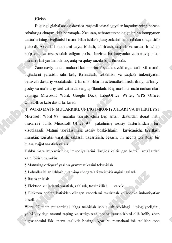 kiradi. word 97 matn muxarririni ishga tushirish uchun ish stolidagi uning yorligini, ya’ni kuyidagi rasmni toping va ustiga sichkoncha kursatkichini olib kelib, chap tugmachasini ikki marta tezlikda bosing. agar bu rasmchani ish stolidan topa olmasangiz, ekranning kuyi kismida joylashgan satr (masalalar paneli)dagi «pusk» menyusi ustiga sichkoncha kursatkichini olib kelib chap tugmachasini bir marta bosing. natijada kuyidagi oyna namoyon buladi . ochilgan menyudan «programmo’» kismini, sungra ung tomonda xosil bulgan ruyxatdan microsoft word katorini tanlang va sichkonchaning chap tugmachasini bir marta bosing. bu amallarni bajargandan sung word 97 matn muxarriri ishga tushadi va microsoft word interfeysi oynasi paydo buladi . kulaylik yaratish maksadida ba’zi atamalarni kelishib olishimiz lozim. «sichkonchaning chap tugmachasini bosamiz» jumlasini «sichkonchani bosamiz» deb aytamiz. agarda sichkonchaning ung tugmachasini ishlatish zaruriyati tukilib kolsa, bu xolni aloxida ta’kidlab ketamiz. biror buyrukni, suzni yoki tugmachani «faollashtiramiz» («aktivlashtiramiz») deganda ular ustiga sichkoncha kursatkichini olib kelib, chap tugmachasini bir marta bosish nazarda tutiladi. …