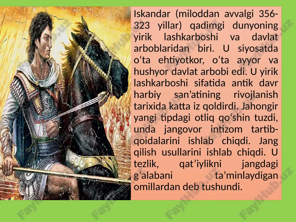 r ptolemey boshchiligida armiyaning bir qismini yuboradi. nautaka qal’asida bessning ittifoqchilari baqtriyalik oksiart, sug‘dlik spitamen va fors datafarnlar o‘rtasida nizo chiqdi. chunki bess o‘z ittifoqchilariga ahamoniylar zulmiga va iskandar hujumiga qarshi birgalashib kurashishga ahd qilgan edi. dastlab ular bessning niyatini anglab etmay, u bilan birga bo‘lishdi. ammo uni, ittifoqchilari bilan shohlar kabi munosabatda bo‘lishga intilayotganini sezgan spitamen, oksiart va fors datafarnlar u bilan aloqani uzishdi va uni kishanlab iskandarga topshirish niyatida ekanliklarini bildirish uchun uning qarorgohiga chopar yubordi. kishanlangan bessni qal’ada qoldirib, o‘zlari esa mamlakat ichki hududlariga chekinishdi. spitamen va uning ittifoqchilari bessni iskandarga topshirish bilan dushman istilolarini to‘xtatmoqchi bo‘lishdi. chunki iskandar eronga yurish boshlaganda, u o‘z dushmani doro iii ni nomardlarcha zaharlab o‘ldirgan bessdan o‘ch olish niyatida ekanligi e’lon qilgan edi. ptolemey orqasidan katta qo‘shin bilan aleksandrning o‘zi yurdi. uning yo‘lida branxidlar shahri chiqdi. branxidlar avlodlari milet (kichik osiyo) shaxriga yaqin appalon didimkiy ibodatxonasining ruhoniylari bo‘lgan. ular kserks davrida …