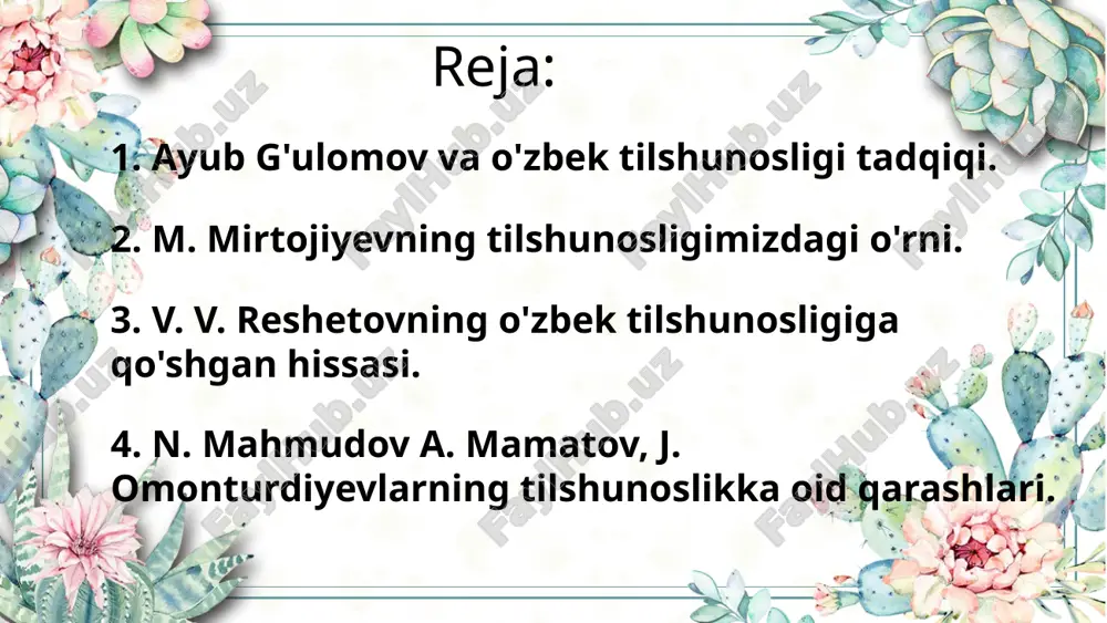 ayub g‘ulomovning xizmati katta bo‘ldi». muallif o‘zbek tilidagi so‘z yasalishining beshta turini qayd etadi. bular: 1. morfologik. 2. sintaktik. 3. leksik. 4. semantik. 5. fonetik usullardir. demak, ushbu usullardan – aytilganlardan so‘z yasalishi haqiqatan ham alohida, o‘ziga xos soha ekanligi kelib chiqadi. miraziz mirtojiyev 1927-yilda toshkentda tug‘ildi. 1953-1958 yillarda nizomiy nomidagi toshkent davlat pedagogika institutida ta’lim oldi. 1964-yilda leksikograf olim z. m. ma’ruf rahbarligida “o‘zbek tilida leksik omonimlarning tarkib topishi” mavzusida nomzodlik, 1990-yilda “o‘zbek tilida so‘z ko‘chma ma’nosi va uning manifestatsiyasi” mavzusida doktorlik dissertatsiyasini himoya qildi. miraziz mirtojiyev m. mirtojiyev o‘zbek tilshunosligining qator sohalari: fonetika, leksikologiya, semasiologiya, leksikografiya, terminologiya, til tarixi va boshqa yo‘nalishlarda barakali ijod qilib mukammal asarlar yaratdi. 1. «o‘zbek tilida polisemiya» (1975), 2. «o‘zbek tilining izohli lug‘ati.» 1-2-tomlar (hamkor, 1981), 3. «til va madaniyat» (hamkor, 1992), 4. «hozirgi o‘zbek adabiy tili. fonetika.» (1999), 5. «hozirgi o‘zbek adabiy tili» (2004), 6. «o‘zbek tilining izohli lug‘ati» (hamkor, 2006) 7. …