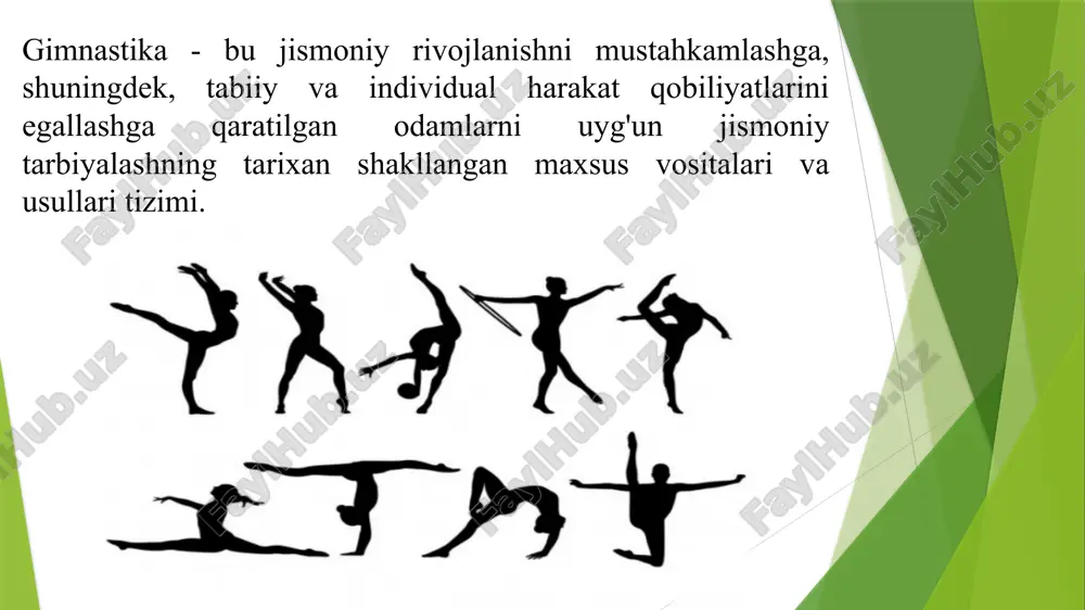 urli tana harakatlarining, shuningdek, akrobatik va xoreografik mashqlarning kombinatsiyasi. ular o'zlarining kombinatsiyalarining murakkabligi va davomiyligini o'rnatilgan talablarga muvofiq oqimli kompozitsiyalar shaklida bosqichma-bosqich oshirish orqali ishlab chiqiladi . amaliy mashqlar - bu harakat tuzilishi jihatidan murakkab bo'lmagan va kundalik hayotda o'z qo'llanilishini topadigan oddiy mashqlar. sakrash (qo'llab -quvvatlamaydigan va tayanch) sakrash qobiliyatini, shuningdek, oyoq, qo'l kuchini, harakatlarning tezligi va aniqligini, chaqqonlik va qat'iyatni rivojlantirish uchun ishlatiladi. uskunalar bo'yicha mashqlar (ot, halqalar, parallel barlar, turnik, muvozanat nurlari) badiiy gimnastikaning eng xarakterli vositalaridir. akrobatik mashqlar akrobatik sakrash va muvozanat mashqlarini, shu jumladan statik pozitsiyalarni birlashtiradi badiiy gimnastika mashqlari raqsga o'xshash harakatlarning turli shakllarining oqimli va birlashtirilgan kombinatsiyasidir. ochiq havoda o'yinlar insonning jismoniy fazilatlarini, ichki nutqini va mantiqini rivojlantirishning ajoyib vositasidir estafeta poygalari ham jismoniy sifatlarni, jamoada ishlash tuyg'usini, do'stlik va raqobatni rivojlantiruvchi mashqlardir. gimnastika saf mashqlari va ularning tavsifi gimnastika saf mashqlari turlari gimnastika saf mashqlari haqida umumiy ma'lumotlar guruh shaklida o‘tkaziladigan gimnastika …