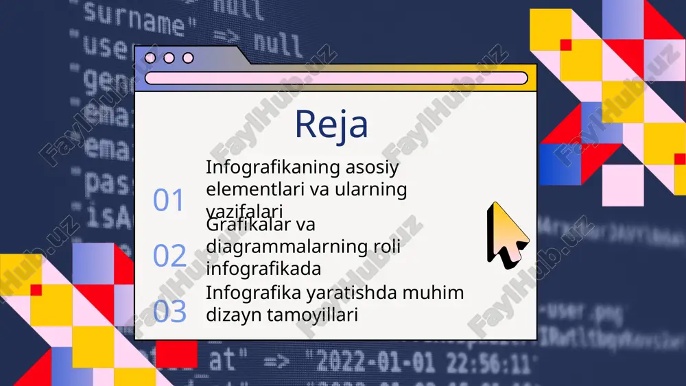 yozuvlarning o'rni muhim. to'g'ri yozilgan matn asosiy xabarni etkazishda yordam beradi. qisqa, aniq va rangi bilan uyg'un bo'lgan yozuvlar samarali bo'ladi. ikonalar va kalit so'zlar tez tushunishga yordam beradi. yozuvlar joylashtirilganda, xarita yoki diagrammalarga mos kelishi muhim. yozuvlarni qisqa, tushunarli va vizual uyg'unlikda qilish, infografikaning samaradorligini oshiradi. ranglar va dizayn ranglar tamoyillari ranglar infografikada muhim rol o'ynaydi. ular hissiyotlar va ma'lumotlarni tushunarli qilish uchun tanlanadi. masalan, issiq ranglar energiya va qiziquvchanlikni ifodalaydi, sovuq ranglar esa tinchlik va ishonchlilikni ko'rsatadi. dizayn tamoyillari balans, kontrast, muvofiqlik va takrorlash dizaynda muhim tamoyillardir. ular infografikaga estetik va tushunarli ko'rinish beradi. masalan, kontrast ranglar diqqatni tortadi, muvofiqlik esa yaxlitlikni ta'minlaydi. ishlatilishi kerak bo'lgan ranglar ma'lumotga mos ranglar tanlang. moliyaviy ma'lumotlar uchun yashil va qizil, ekologiya uchun esa yashil va ko'k ranglar ishlatiladi. ranglar bilan ma'lumotlarni qisqa va aniq ifoda etish mumkin. 02 01 03 infografikani yaratish jarayoni infografikani yaratish uchun bosqichlar: ma'lumotlarni yig‘ish, dizayn konsepsiyasini …
