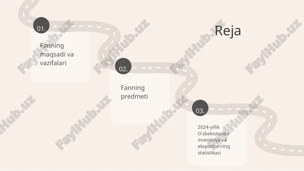 ytiradi. hududlar investitsiyalari va eksport faoliyatining o'ziga xos xususiyatlari geografik, iqtisodiy va ijtimoiy shartlarga bog'liq bo'lib, har bir hududning o'ziga xos ehtiyojlari va imkoniyatlari mavjud. fanning predmeti: o'ziga xos jihatlar hududlar investitsiya faoliyatining asosiy yo'nalishlari eksport faoliyatining hududiy taqsimoti fanning predmeti doirasida o'rganiladigan masalalar statistik ko‘rsatkichlar 2024-yilning yanvar-mart oylarida asosiy kapitalga investitsiyalar 107,1 trln so‘mni tashkil etdi. shu davrda asosiy kapitalga investitsiyalarning o‘sish darajasi 2023-yilning mos davriga nisbatan 174,5 % bo‘lgan. 2024-yil davomida asosiy kapitalga investitsiyalar hajmi o‘tgan yilga nisbatan 27,6 % ga o‘sgan. bmtning escap ma’lumotlariga ko‘ra, 2024-yilda o‘zbekistonga jalb qilingan investitsiyalar hajmi 4 milliard dollar, bu esa o‘tgan yilga nisbatan taxminan 49 % ga kamaygan. 2024-yilda investitsiyalarning tarkibida markazlashgan moliyalashtirish (byudjet mablag‘lari) kamaygan, markazlashmagan (xususiy va korxonalar mablag‘lari) tomoni esa o‘sish ko‘rsatgan. 2024-yil o'zbekistonda investitsiya statistikasi 2024-yil uchun o'zbekistonda investitsiya hajmi 15 milliard dollar bo'ldi. bu o'sish iqtisodiy rivojlanishga ta'sir qilmoqda. sektorlar taqsimoti: sanoat 40%, qishloq xo'jaligi 20%, …