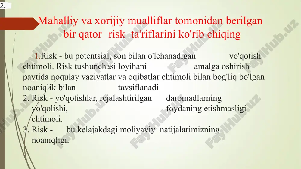 ning paydo bo'lish chastotasini formula bo'yicha hisoblash mumkin f(a)=n(a)/n, bu erda f - ma'lum bir yo'qotish darajasining yuzaga kelish chastotasi; n (a) - ushbu darajadagi yo'qotishlar yuz bergan holatlar soni; n - statistik namunadagi ishlarning, shu jumladan muvaffaqiyatli yakunlangan va bajarilmagan investitsiya loyihalarining umumiy soni. riskni aniqlash - bu identifikatsiyalash, tahlil qilish va qiyosiy baholashni birlashtirgan jarayon. xavf butun tashkilot, uning bo'linmalari, alohida loyihalari, faoliyati yoki ma'lum bir xavfli hodisa uchun baholanishi mumkin. shuning uchun, turli vaziyatlarda xavflarni baholashning turli usullari qo'llanilishi mumkin. riskni baholash mumkin bo'lgan xavfli hodisalar, ularning sabablari va oqibatlari, ularning yuzaga kelishi va qaror qabul qilish ehtimoli to'g'risida tushunchani beradi: tegishli choralarni ko'rish zarurati to'g'risida; riskni kamaytirishning barcha imkoniyatlaridan maksimal darajada foydalanish usullari to'g'risida; riskni korib chiqish zarurati; risklarning har xil turlari o'rtasidagi tanlov to'g'risida; qayta ishlash risklarni qayta ishlash harakatlarining ustuvorligi to'g'risida; riskni maqbul darajagacha kamaytirish uchun risklarni strategiyasini tanlash to'g'risida. riskni identifikatsiya qilish - …