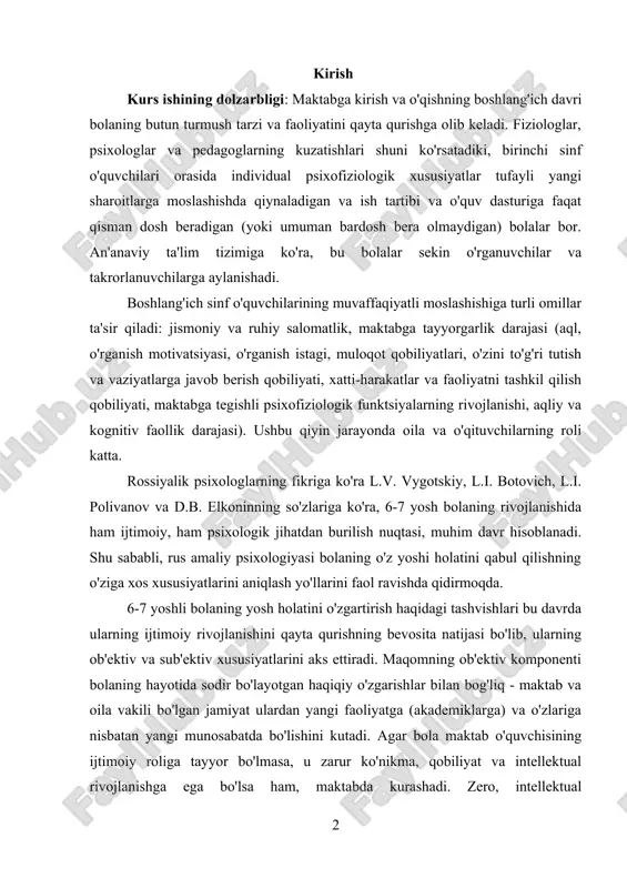 aylanishadi. boshlang'ich sinf o'quvchilarining muvaffaqiyatli moslashishiga turli omillar ta'sir qiladi: jismoniy va ruhiy salomatlik, maktabga tayyorgarlik darajasi (aql, o'rganish motivatsiyasi, o'rganish istagi, muloqot qobiliyatlari, o'zini to'g'ri tutish va vaziyatlarga javob berish qobiliyati, xatti-harakatlar va faoliyatni tashkil qilish qobiliyati, maktabga tegishli psixofiziologik funktsiyalarning rivojlanishi, aqliy va kognitiv faollik darajasi). ushbu qiyin jarayonda oila va o'qituvchilarning roli katta. rossiyalik psixologlarning fikriga ko'ra l.v. vygotskiy, l.i. botovich, l.i. polivanov va d.b. elkoninning so'zlariga ko'ra, 6-7 yosh bolaning rivojlanishida ham ijtimoiy, ham psixologik jihatdan burilish nuqtasi, muhim davr hisoblanadi. shu sababli, rus amaliy psixologiyasi bolaning o'z yoshi holatini qabul qilishning o'ziga xos xususiyatlarini aniqlash yo'llarini faol ravishda qidirmoqda. 6-7 yoshli bolaning yosh holatini o'zgartirish haqidagi tashvishlari bu davrda ularning ijtimoiy rivojlanishini qayta qurishning bevosita natijasi bo'lib, ularning ob'ektiv va sub'ektiv xususiyatlarini aks ettiradi. maqomning ob'ektiv komponenti bolaning hayotida sodir bo'layotgan haqiqiy o'zgarishlar bilan bog'liq - maktab va oila vakili bo'lgan jamiyat ulardan yangi faoliyatga …