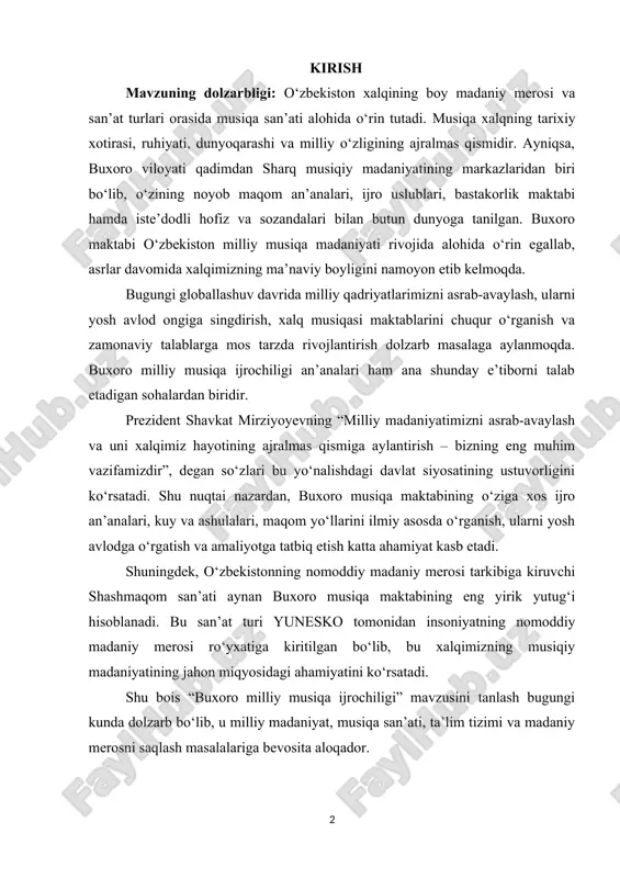 , kuy va ashulalari, maqom yo‘llarini ilmiy asosda o‘rganish, ularni yosh avlodga o‘rgatish va amaliyotga tatbiq etish katta ahamiyat kasb etadi. shuningdek, o‘zbekistonning nomoddiy madaniy merosi tarkibiga kiruvchi shashmaqom san’ati aynan buxoro musiqa maktabining eng yirik yutug‘i hisoblanadi. bu san’at turi yunesko tomonidan insoniyatning nomoddiy madaniy merosi ro‘yxatiga kiritilgan bo‘lib, bu xalqimizning musiqiy madaniyatining jahon miqyosidagi ahamiyatini ko‘rsatadi. shu bois “buxoro milliy musiqa ijrochiligi” mavzusini tanlash bugungi kunda dolzarb bo‘lib, u milliy madaniyat, musiqa san’ati, ta’lim tizimi va madaniy merosni saqlash masalalariga bevosita aloqador. kurs ishining maqsadi: buxoro milliy musiqa ijrochiligining shakllanishi, tarixiy taraqqiyot bosqichlari, o‘ziga xos ijro uslublari, zamonaviy rivojlanish yo‘nalishlari hamda bu sohada olib borilayotgan islohotlarni tahlil qilishdan iborat. kurs ishining obyekti:buxoro milliy musiqa ijrochiligi tizimi, ya’ni buxoro hududida shakllangan musiqa maktabi, ijrochilik an’analari, maqom ijrosi, xalq cholg‘ulari va ularning rivojlanish jarayonlari olinadi. kurs ishining predmeti: buxoro musiqa maktabiga xos ijrochilik uslublari, o‘ziga xos kuy va ashula namunalarining …