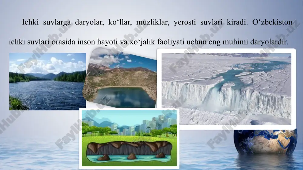 daryo kabi daryolari qor va muz suvlaridan to‘yinadi. bu daryolarda suv may — iyun oylarida ko‘payib ketadi. suvining kamayishi dekabr — fevral oylariga to‘g‘ri keladi. respublikamizda qashqadaryo, g‘uzordaryo, sangzor, ohangaron, g‘ovasoy kabi daryolar balandligi 3400 m dan ortmaydigan tog‘lardan boshlanadi. bu daryolarning suvi ertaroq, ya’ni aprel — may oylarida, qorlarning erishi natijasida ko‘payadi va yillik oqimning 60 foizi shu oylarga to‘g‘ri keladi. yozda daryolar suvi kamaya boshlaydi. find more powerpoint templates on prezentr.com! o‘zbekistonning 2000 m dan past tog‘laridan boshlanuvchi zominsuv, sheroboddaryo, to‘sunsoy kabi daryolari, ko‘plab soylar, qor-yomg‘ir va yerosti suvlaridan to‘yinadi. shu sababli bu daryolarning suvi bahorda — aprel — may oylarida ko‘payadi va yillik oqimning 80 foizini tashkil etadi. aksincha, yozda daryolar suvi juda kamayib, ba’zi soylarning suvi qurib qoladi. find more powerpoint templates on prezentr.com! o‘zbekiston daryolari tog‘li qismida shiddat bilan oqishi sababli ularning ko‘p qismi muzlamaydi. faqat nishab kam bo‘lgan keng vodiylardagina qisman yoppasiga muzlashi mumkin. …
