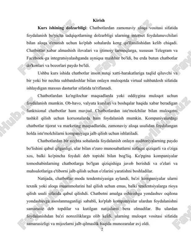 tida ta'riflanadi. chatbotlardan ko'ngilochar maqsadlarda yoki oddiygina muloqot uchun foydalanish mumkin. ob-havo, valyuta kurslari va boshqalar haqida xabar beradigan funktsional chatbotlar ham mavjud. chatbotlardan iste'molchilar bilan muloqotni tashkil qilish uchun korxonalarda ham foydalanish mumkin. kompaniyalardagi chatbotlar tijorat va marketing maqsadlarida, zamonaviy aloqa usulidan foydalangan holda iste'molchilarni kompaniyaga jalb qilish uchun ishlatiladi. chatbotlardan bir nechta sohalarda foydalanish onlayn auditoriyalarning paydo bo'lishini qabul qilganligi, ular bilan o'zaro munosabatlarni nafaqat qiziqarli va o'ziga xos, balki ko'pincha foydali deb topishi bilan bog'liq. ko'pgina kompaniyalar tomoshabinlarning chatbotlarga bo'lgan qiziqishiga javob berishdi va o'zlari va mahsulotlariga e'tiborni jalb qilish uchun o'zlarini yaratishni boshladilar. natijada, chatbotlar moda tendentsiyasiga aylandi, ba'zi kompaniyalar ularni texnik yoki aloqa muammolarini hal qilish uchun emas, balki tendentsiyalarga rioya qilish usuli sifatida qabul qilishdi. chatbotni amalga oshirishga yondashuv oqilona yondashuvga asoslanmaganligi sababli, ko'plab kompaniyalar ulardan foydalanishni samarasiz deb topdilar va kutilgan natijalarni bera olmadilar. bu ulardan foydalanishdan ba'zi noroziliklarga olib keldi, ularning muloqot …