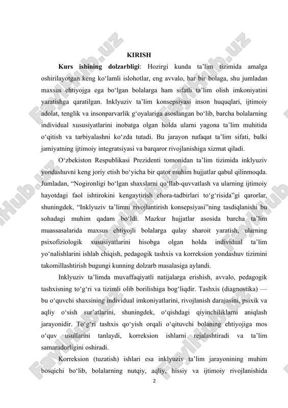 rreksion yondashuv tizimini takomillashtirish bugungi kunning dolzarb masalasiga aylandi. inklyuziv ta’limda muvaffaqiyatli natijalarga erishish, avvalo, pedagogik tashxisning to‘g‘ri va tizimli olib borilishiga bog‘liqdir. tashxis (diagnostika) — bu o‘quvchi shaxsining individual imkoniyatlarini, rivojlanish darajasini, psixik va aqliy o‘sish sur’atlarini, shuningdek, o‘qishdagi qiyinchiliklarni aniqlash jarayonidir. to‘g‘ri tashxis qo‘yish orqali o‘qituvchi bolaning ehtiyojiga mos o‘quv usullarini tanlaydi, korreksion ishlarni rejalashtiradi va ta’lim samaradorligini oshiradi. korreksion (tuzatish) ishlari esa inklyuziv ta’lim jarayonining muhim bosqichi bo‘lib, bolalarning nutqiy, aqliy, hissiy va ijtimoiy rivojlanishida kuzatilgan kamchiliklarni bartaraf etishga, ularning o‘z imkoniyatlarini to‘la ro‘yobga chiqarishga xizmat qiladi. korreksion yondashuvning samarasi pedagogik tashxis natijalariga asoslanadi, ya’ni tashxis va korreksiya o‘zaro uzviy bog‘liq pedagogik tizimdir. zamonaviy inklyuziv maktab o‘qituvchisidan faqatgina ta’lim berish emas, balki tashxis qo‘yish, individual yondashuvni tanlash, korreksion dasturlarni tuzish va ularni amalga oshirish ko‘nikmalari talab etiladi. shu bois, pedagogik tashxis va korreksiyaning o‘rni va ahamiyatini chuqur o‘rganish, ularni metodik jihatdan asoslash bugungi ta’lim jarayonida muhim ahamiyat …