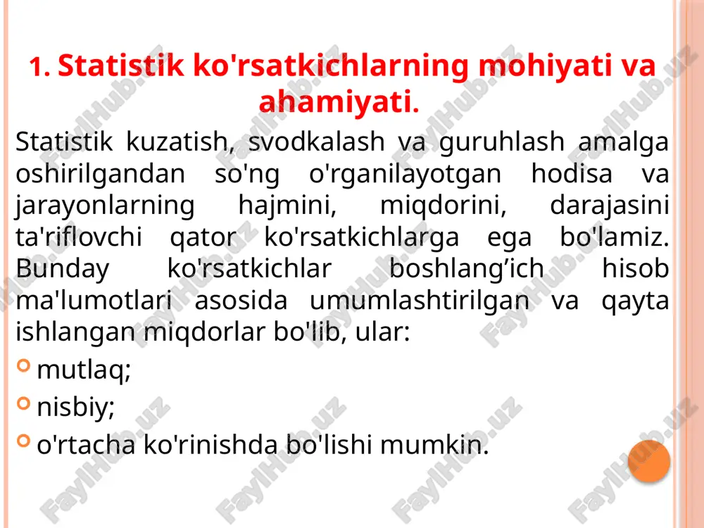 rganilayotgan hodisalarning muhim iste'mol qiymatiga asoslangan nisbatlar yotadi. 3. nisbiy miqdorlar to'g’risida tushuncha. ikkita taqqoslama mutlaq miqdorni bo'lish natijasida olingan umumlashtiruvchi miqdor statistikada nisbiy miqdorlar deb ataladi. nisbiy miqdorlar har xil shakllari ifodalanish mumkin. ularning ifodalanish shakli bazis miqdorning (nisbat maxrajini) qanday birlikka tenglashtirib olinishiga bog’liqdir. shunga qarab, nisbiy miqdorlar koeffitsientlarda, foizda, promilleda, prodetsimilleda ifodalanadi. 4. nisbiy miqdorlar quyidagi asosiy turlarga bo'linadi: reja topshirig’i nisbiy miqdorlari. buyurtma (shartnoma) bajarilishi nisbiy miqdorlari. dinamika nisbiy miqdorlari. tuzilma (struktura) nisbiy miqdorlari. koordinatsiya nisbiy miqdorlari. intensiv nisbiy miqdorlar. ob'ektlararo va hududiy taqqoslash nisbiy miqdorlari. 1. reja topshirig’i nisbiy miqdori rejalashtirilayotgan davr ko'rsatkichining oldingi yilning haqiqiy ko'rsatkichiga nisbatan qanday o'zgarishi lozimligini ko'rsatadi va quyidagicha hisoblanadi: rtnm – reja topshirig’i nisbiy miqdori. drt – joriy davr uchun reja topshirig’i. do – bazis davrda haqiqiy bajarilgan ko'rsatkich. 1-misol. korxonada 2013 yilda 210 mln.so’mlik maxsulot ishlab chiqarish majburiyati olingan bo’lib, u 215 mln. so’mlik qilib bajarilgan va 2014 …