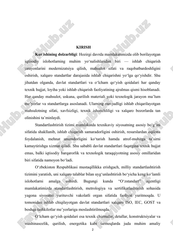 a oshirdi. bugungi kunda “o‘zstandart” agentligi mamlakatimizda standartlashtirish, metrologiya va sertifikatlashtirish sohasida yagona siyosatni yurituvchi vakolatli organ sifatida faoliyat yuritmoqda. u tomonidan ishlab chiqilayotgan davlat standartlari xalqaro iso, iec, gost va boshqa tashkilotlar me’yorlariga moslashtirilmoqda. o‘lcham qo‘yish qoidalari esa texnik chizmalar, detallar, konstruktsiyalar va mashinasozlik, qurilish, energetika kabi tarmoqlarda juda muhim amaliy ahamiyatga ega. o‘lchamlarni to‘g‘ri qo‘yish ishlab chiqarish jarayonida aniqlikni ta’minlaydi, detallarni to‘g‘ri joylashtirish, yig‘ish va ishlatish imkonini beradi. o‘lchamdagi eng kichik xatolik ham tayyor mahsulotning sifati, ishlash muddati va xavfsizligiga salbiy ta’sir ko‘rsatishi mumkin. shu sababli o‘lchov birliklari va o‘lcham qo‘yish qoidalarining yagona me’yorda belgilanishi butun sanoat tizimi uchun muhim ahamiyat kasb etadi. hozirgi paytda raqamli texnologiyalar, avtomatlashtirilgan chizma dasturlari (cad, autocad, solidworks va boshqalar) keng qo‘llanilayotgani sababli, o‘lcham qo‘yishning elektron tizimlardagi standartlari ham shakllanmoqda. bu esa ishlab chiqarishning zamonaviy bosqichida standartlashtirish va o‘lchov tizimining integratsiyasini ta’minlaydi. mazkur kurs ishining mavzusi — “davlat standartlari. o‘lcham qo‘yish qoidalari” bo‘lib, …
