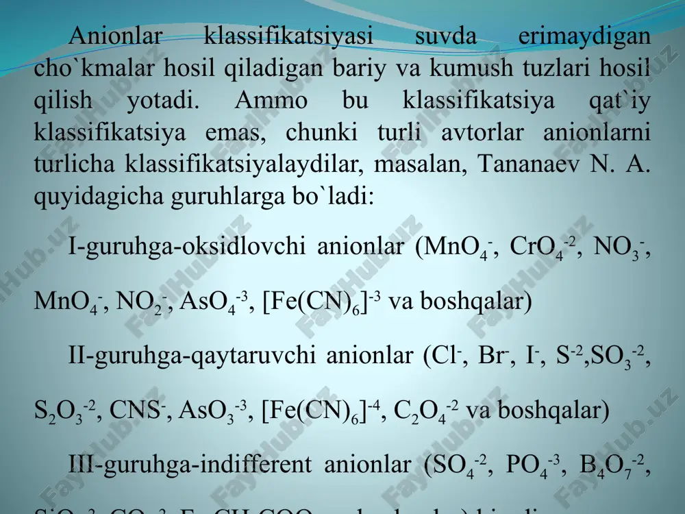 so32-+2h++2ci-=2na++2ci-+so2+h2o so32-+2h+=so2 +h2o so2 ajraladi 1.5. so32- j2+h2o na2so3+j2+h2o=na2so4+2hj 2na++so32-+j2+h2o=2na++so42-+2h++2j- so32-+j2+h2o=so42-+2h++2j- yodli suv eritmasi rangsizlanadi. 1.6. so32- baci2 na2so3+baci2=baso4+2naci 2na++so32-+ba2++2ci-=baso4+2na++2ci- so32-+ba2+= baso4 oq cho‘kma, kislotalarda eriydi 1.7. s2o32- hci na2s2o3+2hci=h2s2o3+2naci h2s2o3=s+so2+h2o s cho‘kmaga tushadi. 1.8. s2o32- j2 2na2s2o3+j2=2naj+na2s4o6 4na++2s2o32-+j2=2na++2j-+2na++s4o62- 2s2o32-+j2=2j+s4o62- j2-eritmasi rangsizlanadi. 1.9. s2o32- agno3 na2s2o3+ 2agno3=ag2s2o3+2nano3 2na+ + s2o32- + 2ag+ + 2no3- =  ag2s2o3 + 2na+ + 2no3- s2o32-+2ag+= ag2s2o3 ag2s2o3+h2o=ag2s+2h++so42- oq rangli cho‘kma tez sarg‘ayib qo‘ng‘ir tusga kiradi va ag2s xosil bo‘ladi 1.10 co32- hci co32—ionlarning analitik reaksiyalari. na2co3+2hci=2naci+co2 +h2o 2na++co32-+2h++2ci=2na++2ci-+co2+h2o co32-+2h+= co2+h2o co2-ajraladi 1.11 co32- baci2 na2co3+baci2=baco3+2naci 2na++co32-+ba2++2ci-=2na++2ci-+baco3 co32-+ba2+= baco3 oq cho‘kma, sirka kislotada eriydi 1.12 co32- agno3 na2co3+ 2agno3=ag2co3+2nano3 2na++co32 -+ 2ag+ +2no3-= ag2co3 + 2na+ + 2no3- co32-+2ag+=ag2co3 oq cho‘kma, kislotalarda eriydi.hci da erib agci xosil bo‘ladi 1.13 po43- mgci2+nh4ci po43—ionlarining analitik reaksiyalari. na2hpo4 + mgcl2 + nh4cl = mgnh4po4 + 2nacl + 2hcl hpo42- + mg2+ + nh4+ = mgnh4po4 + h+ …