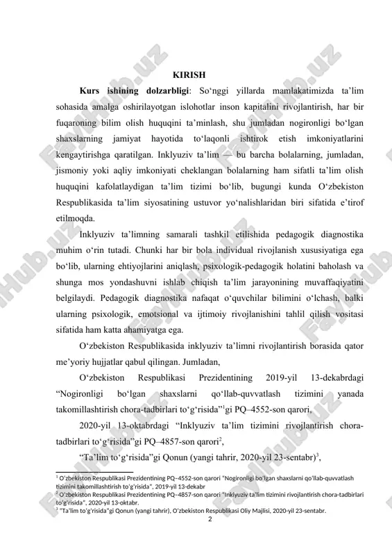 qilingan. jumladan, o‘zbekiston respublikasi prezidentining 2019-yil 13-dekabrdagi “nogironligi bo‘lgan shaxslarni qo‘llab-quvvatlash tizimini yanada takomillashtirish chora-tadbirlari to‘g‘risida”[footnoteref:1]gi pq–4552-son qarori, [1: o‘zbekiston respublikasi prezidentining pq–4552-son qarori “nogironligi bo‘lgan shaxslarni qo‘llab-quvvatlash tizimini takomillashtirish to‘g‘risida”, 2019-yil 13-dekabr] 2020-yil 13-oktabrdagi “inklyuziv ta’lim tizimini rivojlantirish chora-tadbirlari to‘g‘risida”gi pq–4857-son qarori[footnoteref:2], [2: o‘zbekiston respublikasi prezidentining pq–4857-son qarori “inklyuziv ta’lim tizimini rivojlantirish chora-tadbirlari to‘g‘risida”, 2020-yil 13-oktabr.] “ta’lim to‘g‘risida”gi qonun (yangi tahrir, 2020-yil 23-sentabr)[footnoteref:3], [3: “ta’lim to‘g‘risida”gi qonun (yangi tahrir), o‘zbekiston respublikasi oliy majlisi, 2020-yil 23-sentabr.] hamda 2022–2026-yillarga mo‘ljallangan yangi o‘zbekistonning taraqqiyot strategiyasida har bir bola uchun sifatli ta’limga teng imkoniyat yaratish masalasi alohida belgilab qo‘yilgan. mazkur hujjatlar asosida ta’lim muassasalarida maxsus pedagogik yondashuvlarni joriy etish, o‘quvchilarning individual ehtiyojlarini inobatga olgan holda ularni o‘qitish va tarbiyalash jarayonini tashkil etish masalalari dolzarb bo‘lib bormoqda. shu bilan birga, amaliyotda inklyuziv ta’lim tizimida pedagogik diagnostika jarayonining bir qator muammolari mavjud: malakali mutaxassislar yetishmasligi, diagnostika vositalarining zamonaviy standartlarga mos emasligi, o‘quvchilarning rivojlanish darajasini baholashda …