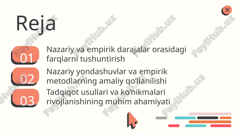o'lib xizmat qiladi. nazariy yondashuvlarning asosiy turlari: falsafiy, metodologik va nazariy-empirik. har biri o'ziga xos usullar va yondashuvlarni taqdim etadi. tadqiqot jarayonida nazariy yondashuvlar muhim rol o'ynaydi. ular muammo tahlili, hipoteza shakllantirish va ma'lumotlarni tahlil qilishda yordam beradi. xulosa: nazariy yondashuvlar ilmiy izlanishlarning asosiy qismi bo'lib, ular turli usullar va turlar yordamida dunyoqarashni kengaytiradi. empirik metodlar - amaliy tadqiqot usullari bo'lib, ular kuzatuv, eksperiment va so'rovnomalarni o'z ichiga oladi. bu metodlar yordamida real hayotdagi hodisalar va jarayonlar to'g'risida aniq ma'lumotlar to'planadi. empirik metodlar tadqiqotda natijalar olish uchun keng qo'llaniladi. masalan, ijtimoiy fanlarda so'rovnomalar va kuzatuv usullari keng qo'llaniladi, iqtisodiyotda esa eksperimentlar yordamida yangi nazariyalar sinovdan o'tkaziladi. empirik metodlar orqali olingan natijalar ilmiy asoslangan qarorlar qabul qilishda yordam beradi. ular bilan statistik tahlil va model qurish amalga oshiriladi, bu esa nazariy bilimlarni amalda qo'llash imkonini beradi. empirik metodlar: amaliy qo‘llanilishi nazariy va empirik yondashuvlar: integratsiya nazariy va empirik yondashuvlar bir-birini to'ldiradi. …