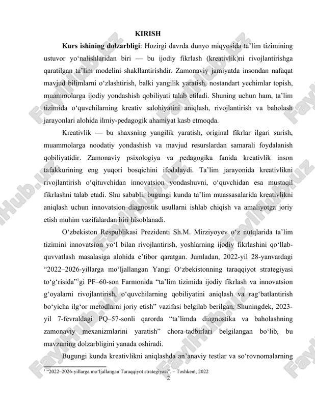 novatsion yondashuvni, o‘quvchidan esa mustaqil fikrlashni talab etadi. shu sababli, bugungi kunda ta’lim muassasalarida kreativlikni aniqlash uchun innovatsion diagnostik usullarni ishlab chiqish va amaliyotga joriy etish muhim vazifalardan biri hisoblanadi. o‘zbekiston respublikasi prezidenti sh.m. mirziyoyev o‘z nutqlarida ta’lim tizimini innovatsion yo‘l bilan rivojlantirish, yoshlarning ijodiy fikrlashini qo‘llab-quvvatlash masalasiga alohida e’tibor qaratgan. jumladan, 2022-yil 28-yanvardagi “2022–2026-yillarga mo‘ljallangan yangi o‘zbekistonning taraqqiyot strategiyasi to‘g‘risida”[footnoteref:1]gi pf–60-son farmonida “ta’lim tizimida ijodiy fikrlash va innovatsion g‘oyalarni rivojlantirish, o‘quvchilarning qobiliyatini aniqlash va rag‘batlantirish bo‘yicha ilg‘or metodlarni joriy etish” vazifasi belgilab berilgan. shuningdek, 2023-yil 7-fevraldagi pq–57-sonli qarorda “ta’limda diagnostika va baholashning zamonaviy mexanizmlarini yaratish” chora-tadbirlari belgilangan bo‘lib, bu mavzuning dolzarbligini yanada oshiradi. [1: “2022–2026-yillarga mo‘ljallangan taraqqiyot strategiyasi”. – toshkent, 2022] bugungi kunda kreativlikni aniqlashda an’anaviy testlar va so‘rovnomalarning o‘zi yetarli natija bermayapti. chunki kreativlik — bu murakkab, ko‘p qirrali psixik jarayon bo‘lib, u tafakkur, tasavvur, emotsiya, motivatsiya va shaxsiy xususiyatlar bilan chambarchas bog‘liq. shu sababli, zamonaviy ta’limda innovatsion …
