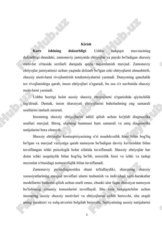 haxsiy xususiyatlarining mavjud tavsiflari ularni tushunish va individual xatti-harakatlar modellarini bashorat qilish uchun etarli emas, chunki ular faqat shaxsiyat namoyon bo'lishining umumiy tomonlarini tavsiflaydi. shu bois tadqiqotchilar uchun insonning asosiy shaxsiy motivlari va ehtiyojlarini ochib beruvchi, shu orqali uning xarakteri va xulq-atvorini belgilab beruvchi, faoliyatining asosiy natijalarini (ijtimoiy, mehnat va boshqalarni) bashorat qilishga yordam beradigan diagnostika usullaridan foydalanish muhim ahamiyatga ega. shaxsni maxsus diagnostika usullari yordamida tekshirish jarayonini belgilashning dastlabki shartlarini 1921 yilda "psixodiagnostika" tushunchasini kiritgan olim g. rorschach ko'rib chiqdi. chet el olimlari g.ollport, e.from, e.erikson, k.yung, a.maslou va boshqalar shaxsiy ehtiyojlarning rivojlanishini oʻz-oʻzini rivojlantirish va oʻz-oʻzini anglashning muhim tarkibiy qismi sifatida oʻrgandilar. ularning fikricha, shaxsiy ehtiyojlarni o'rganish katta ahamiyatga ega, chunki u muvaffaqiyat va etuklikning asosiy mezoni va shu bilan birga shaxsiy farovonlikka erishishning zaruriy shartidir. karl marks o'z asarlarida odamlarning kengayish qobiliyatiga ega bo'lgan cheksiz ehtiyojlari borligini ta'kidladi. a. binet o‘z asarlarida inson shaxsi va uning o‘ziga …