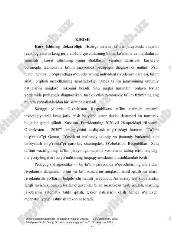 shning huquqiy asoslarini mustahkamlab berdi[footnoteref:2]. [1: o‘zbekiston respublikasi “ta’lim to‘g‘risida”gi qonuni. — t.: o‘zbekiston, 2020.] [2: mirziyoyev sh.m. “yangi o‘zbekiston strategiyasi”. — t.: o‘zbekiston, 2021.] pedagogik diagnostika — bu ta’lim jarayonida o‘quvchilarning individual rivojlanish darajasini, bilim va ko‘nikmalarini aniqlash, tahlil qilish va ularni rivojlantirish yo‘llarini belgilovchi tizimli jarayondir. an’anaviy test sinovlaridan farqli ravishda, onlayn testlar o‘quvchilar bilan masofadan turib ishlash, ularning javoblarini avtomatik tahlil qilish, tezkor natijalarni olish hamda o‘qituvchi mehnatini yengillashtirish imkonini beradi. ta’limda onlayn testlar qo‘llanilishi bir qator ustunliklarga ega: avvalo, ular o‘qituvchiga test tuzish va natijalarni qayta ishlashda vaqtni tejash imkonini beradi; ikkinchidan, test natijalarini avtomatik ravishda tahlil qilish orqali xatolarni aniqlash osonlashadi; uchinchidan, o‘quvchi bilimini baholashda subyektivlikni kamaytiradi. shu sababli, onlayn test tizimlarini pedagogik diagnostika vositasi sifatida qo‘llash zamonaviy ta’limning ajralmas qismiga aylanmoqda. bugungi kunda dunyo ta’lim tizimida “google forms”, “moodle”, “testmoz”, “kahoot”, “quizizz” kabi onlayn platformalar keng qo‘llanilmoqda. bu platformalar yordamida o‘qituvchilar o‘quvchilarning bilim darajasini …