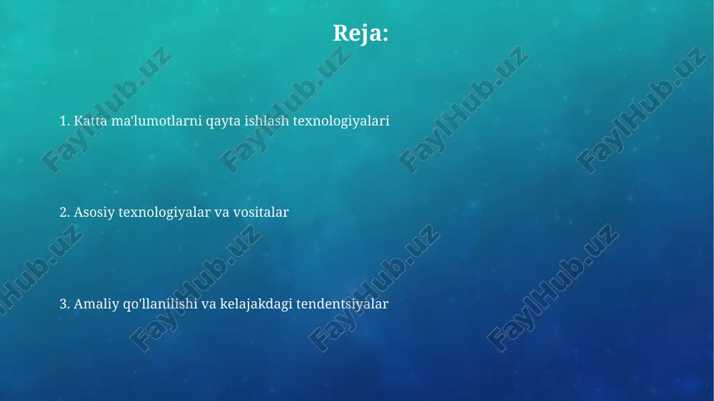 zimlar ma'lumotlarni bir nechta kompyuterlarda saqlaydi va qayta ishlaydi, bu esa 99.99% doimiylikni ta'minlaydi va 10 terabaytgacha ma'lumotni sig'dira oladi. apache hadoop ekotizimi hadoop distributed file system (hdfs) katta fayllarni bir nechta kompyuterda saqlash uchun mo'ljallangan, odatda minglab serverdan iborat klasterlarda, yuqori o'tkazuvchanlikni ta'minlaydi. mapreduce dasturlash modeli parallel ravishda katta hajmdagi ma'lumotlar to'plamini qayta ishlash imkonini beradi, ma'lumotlarni xaritalash va qisqartirish bosqichlariga bo'lib, har biri alohida serverda amalga oshiriladi. apache spark apache spark 2012-yilda yaratilgan bo‘lib, katta hajmdagi ma’lumotlarni qayta ishlash uchun mo‘ljallangan tezkor, universal klasterli hisoblash tizimidir. u xotiradagi hisoblash qobiliyati tufayli mapreduce’dan 100 martagacha tezroq ishlashi mumkin. spark sql ma’lumotlarni so‘rov qilish uchun sql sintaksisini ishlatishga imkon beradi va turli xil ma’lumot manbalari bilan integratsiyalashgan. u turli xil ma’lumot formatlarini qo‘llab-quvvatlaydi, masalan, json, csv va parquet. ma'lumotlar oqimini qayta ishlash ma'lumotlar oqimini qayta ishlash real vaqt rejimida 1000+ ma'lumotlar manbalaridan uzluksiz oqimni tahlil qilish, filtrlash va o'zgartirish uchun …