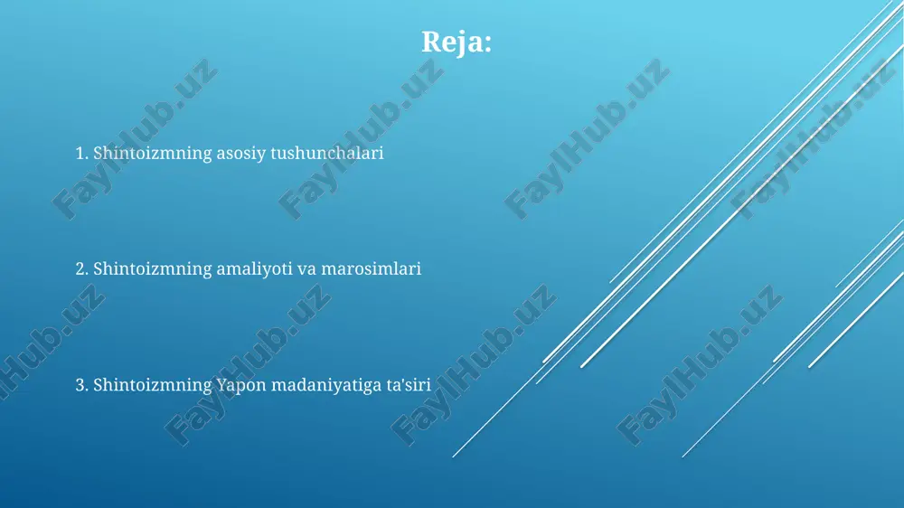 n, 70 foiz yaponiyaliklar tabiatga hurmat bilan munosabatda bo'lishni shinto e'tiqodining bir qismi deb biladi. yaponiyaliklarning 40 foizga yaqini rasman shinto diniga e'tiqod qilmasa-da, milliy bayramlar va oilaviy an'analarda shinto marosimlari, jumladan, 'hatsumode' kabi amaliyotlar muhim rol o'ynaydi. e'tiboringiz uchun rahmat @taqdimot_robot image1.png