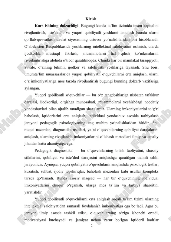 ida yuqori qobiliyatli o‘quvchilarni erta aniqlash, ularni o‘z imkoniyatlariga mos tarzda rivojlantirish bugungi kunning dolzarb vazifasiga aylangan. yuqori qobiliyatli o‘quvchilar — bu o‘z tengdoshlariga nisbatan tafakkur darajasi, ijodkorligi, o‘qishga munosabati, muammolarni yechishdagi noodatiy yondashuvlari bilan ajralib turadigan shaxslardir. ularning imkoniyatlarini to‘g‘ri baholash, iqtidorlarini erta aniqlash, individual yondashuv asosida tarbiyalash jarayoni pedagogik psixologiyaning eng muhim yo‘nalishlaridan biridir. shu nuqtai nazardan, diagnostika usullari, ya’ni o‘quvchilarning qobiliyat darajalarini aniqlash, ularning rivojlanish imkoniyatlarini o‘lchash metodlari ilmiy va amaliy jihatdan katta ahamiyatga ega. pedagogik diagnostika — bu o‘quvchilarning bilish faoliyatini, shaxsiy sifatlarini, qobiliyat va iste’dod darajasini aniqlashga qaratilgan tizimli tahlil jarayonidir. ayniqsa, yuqori qobiliyatli o‘quvchilarni aniqlashda psixologik testlar, kuzatish, suhbat, ijodiy topshiriqlar, baholash mezonlari kabi usullar kompleks tarzda qo‘llanadi. bunda asosiy maqsad — har bir o‘quvchining individual imkoniyatlarini chuqur o‘rganish, ularga mos ta’lim va tarbiya sharoitini yaratishdir. yuqori qobiliyatli o‘quvchilarni erta aniqlash orqali ta’lim tizimi ularning intellektual salohiyatidan samarali foydalanish imkoniyatiga ega bo‘ladi. agar bu …