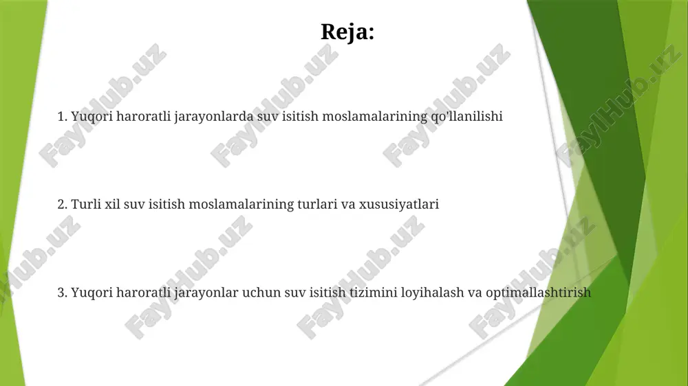 suv isitish tizimlarida 85% dan ortiq samaradorlikka erishish uchun bug'ni qayta ishlash va kondensatni qaytarish muhim ahamiyatga ega. qozon suvini to'g'ri kimyoviy ishlov berish, korroziyani nazorat qilish va 5 dan kam qattiqlik darajasini saqlash tizim ishonchliligini ta'minlaydi. e'tiboringiz uchun rahmat @taqdimot_robot image1.png