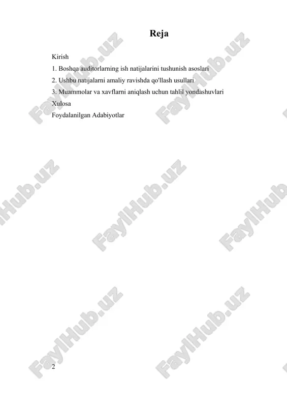 r orasida, audit sifatining pastligi, mustaqillik muammolari, audit jarayonlarining farqliligi va kommunikatsiya muammolari kiradi. bundan tashqari, texnologik vositalar, jumladan, ma’lumotlarni tahlil qilish va audit dasturlari, bu jarayonni soddalashtirish va yanada samarali qilish uchun keng qo‘llanilmoqda. biroq, amaliyotda, bu jarayonning qanday qilib eng yaxshi natijalarga olib kelishini tushunish va uni nazorat qilish uchun keng qamrovli tahlil va o‘rganishlar amalga oshirilishi zarur. ushbu tadqiqotning asosiy maqsadi — boshqalar auditorlarning ish natijalaridan foydalanishning asoslarini tushunish, amaliy qo‘llash usullarini o‘rganish va yuzaga keladigan muammolarni aniqlashdir. tadqiqot davomida, ayniqsa, bu jarayonning qanday amalga oshirilishi, qanday xavflar va muammolar yuzaga kelishi, shuningdek, bu jarayonni yanada xavfsiz va samarali qilish uchun qanday chora-tadbirlar ko‘rilishi mumkinligi o‘rganiladi. mazkur ish, shuningdek, texnologik rivojlanish va xalqaro standartlarning rivojlanishini inobatga olib, auditorlarning ishonchliligi va audit sifatini oshirishga qaratilgan. bu tadqiqot natijalari, auditorlik sohasida ilg‘or amaliyotlar va standartlarni ishlab chiqishda muhim asos bo‘lib xizmat qilishi mumkin, va bu bilan, umuman olganda, auditorlik …