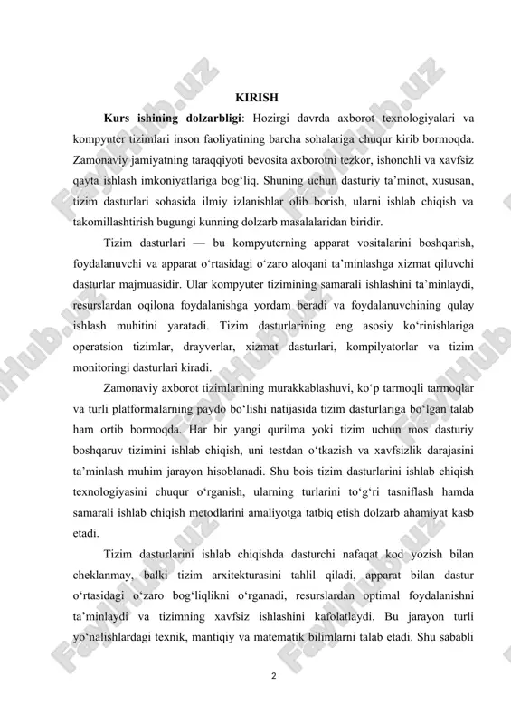 ni chuqur o‘rganish, ularning turlarini to‘g‘ri tasniflash hamda samarali ishlab chiqish metodlarini amaliyotga tatbiq etish dolzarb ahamiyat kasb etadi. tizim dasturlarini ishlab chiqishda dasturchi nafaqat kod yozish bilan cheklanmay, balki tizim arxitekturasini tahlil qiladi, apparat bilan dastur o‘rtasidagi o‘zaro bog‘liqlikni o‘rganadi, resurslardan optimal foydalanishni ta’minlaydi va tizimning xavfsiz ishlashini kafolatlaydi. bu jarayon turli yo‘nalishlardagi texnik, mantiqiy va matematik bilimlarni talab etadi. shu sababli tizim dasturlarini ishlab chiqish bo‘yicha malakali mutaxassislar tayyorlash axborot texnologiyalari sohasidagi ustuvor yo‘nalishlardan biri hisoblanadi. tizim dasturlari nafaqat foydalanuvchi kompyuterlarida, balki server tizimlari, ma’lumotlar markazlari, mobil qurilmalar va hatto “aqlli” texnikalarda ham muhim rol o‘ynaydi. masalan, operatsion tizimning yadro qismi, tarmoq boshqaruv tizimlari yoki fayl tizimi modullari aynan tizim dasturlari hisoblanadi. shu bois, ularni ishlab chiqish jarayoni yuqori aniqlik, xavfsizlik va ishonchlilikni talab qiladi. o‘zbekiston respublikasida ham raqamli iqtisodiyotning rivojlanishi bilan dasturiy mahsulotlarga, ayniqsa, tizim darajasidagi dasturlarga bo‘lgan ehtiyoj sezilarli darajada oshmoqda. davlat dasturlari, elektron hukumat, elektron …